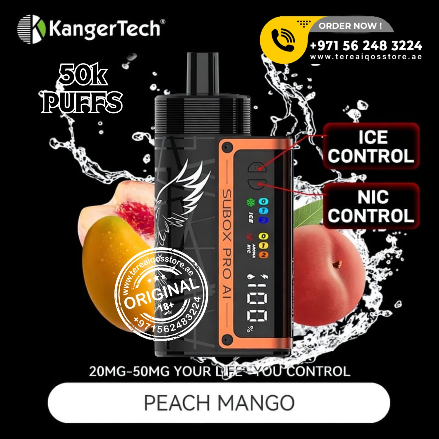 KangerTech vape device with peach and mango graphics on a black background