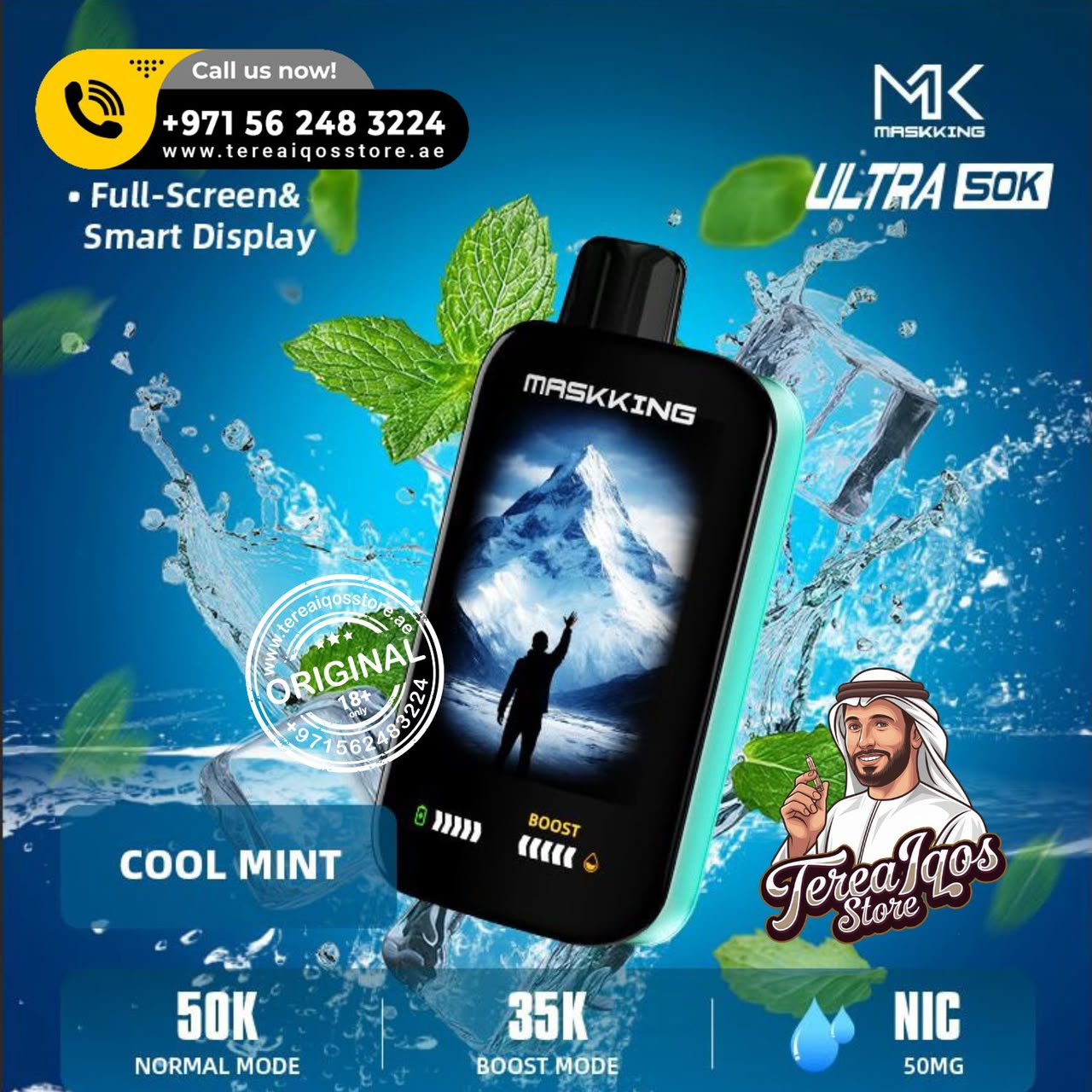 Maskking Ultra 50K disposable vape device in Cool Mint flavor, shown against a dynamic blue water splash background with mint leaves. The image includes promotional text, a TereaQs Store logo, and a cartoon character.