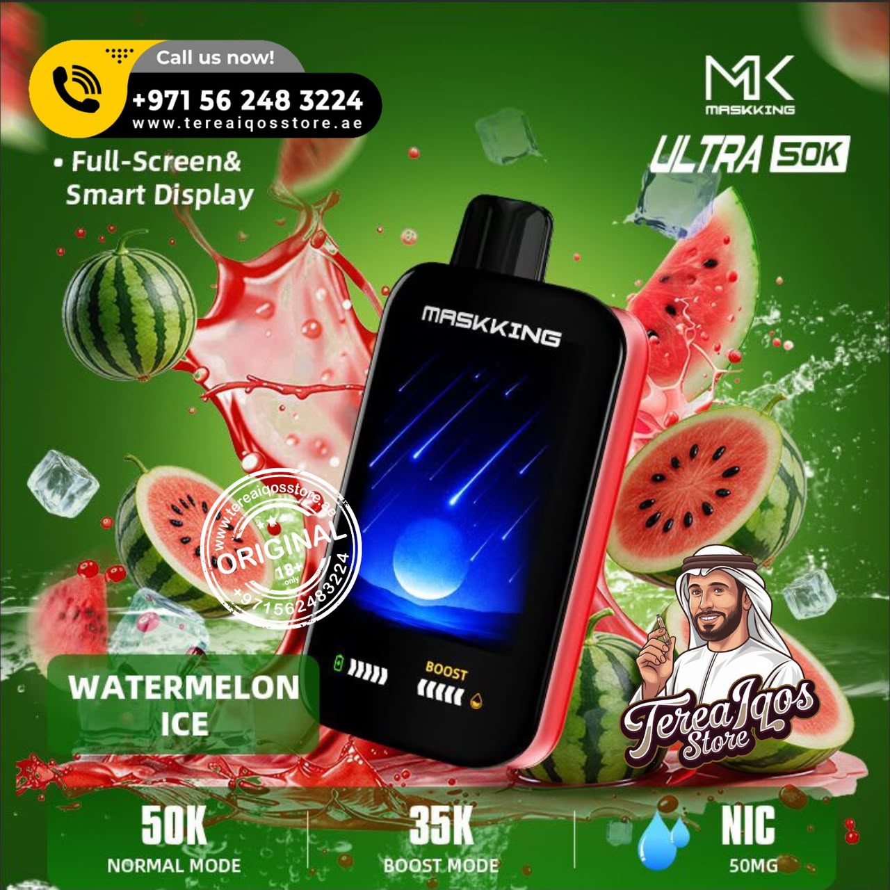 Maskking Ultra 50K disposable vape device in Watermelon Ice flavor, featuring a black and red body with a blue screen display, surrounded by watermelon slices, ice cubes, and a green background with promotional text and store branding.