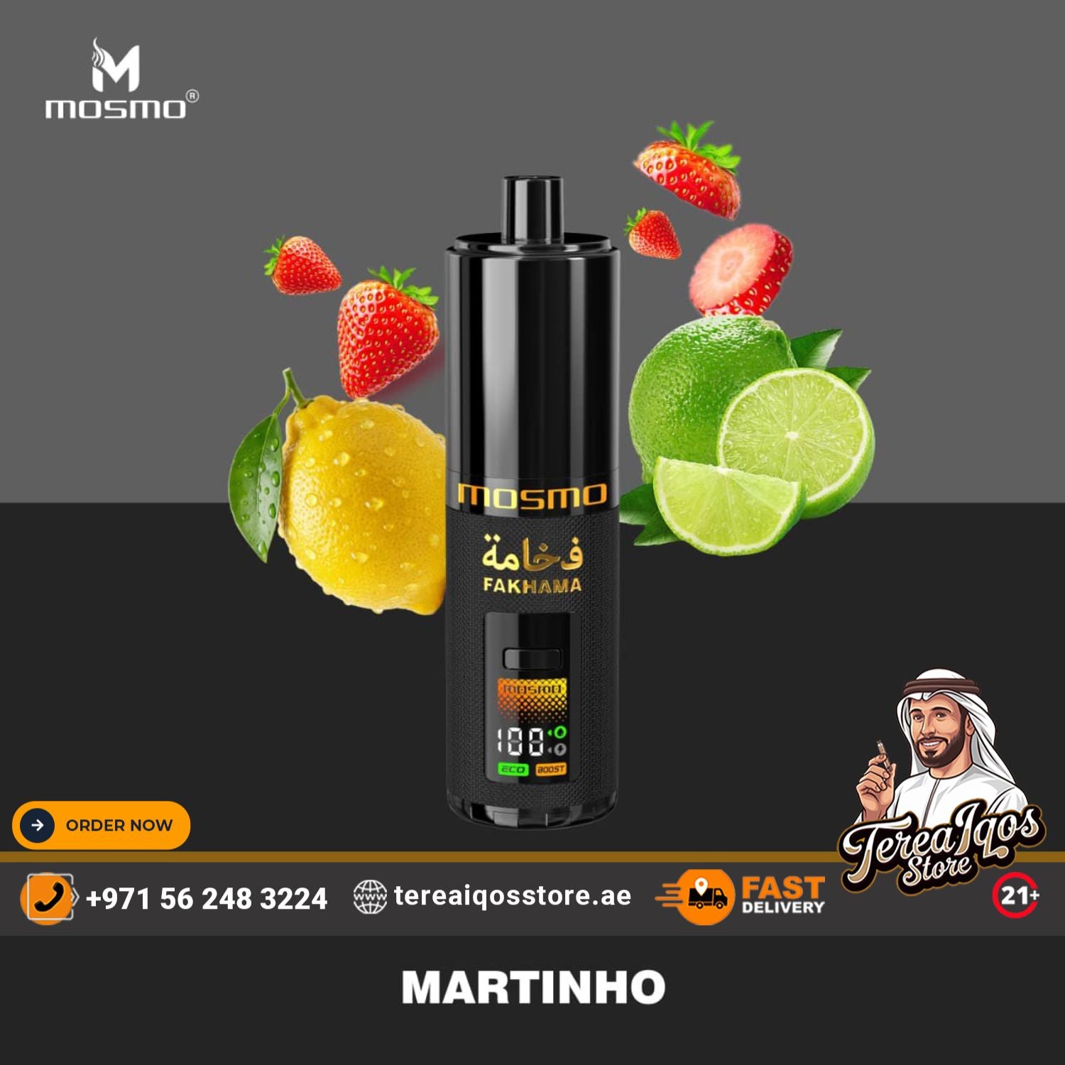 Mosmo vape device with fruit elements and branding on a dark background