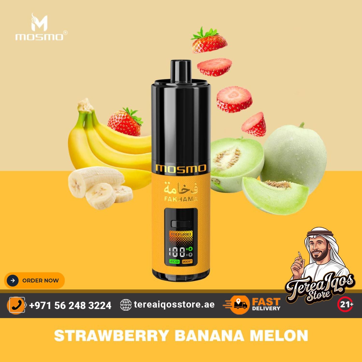 Vape device with fruit graphics on a yellow background, featuring Mosmo branding.