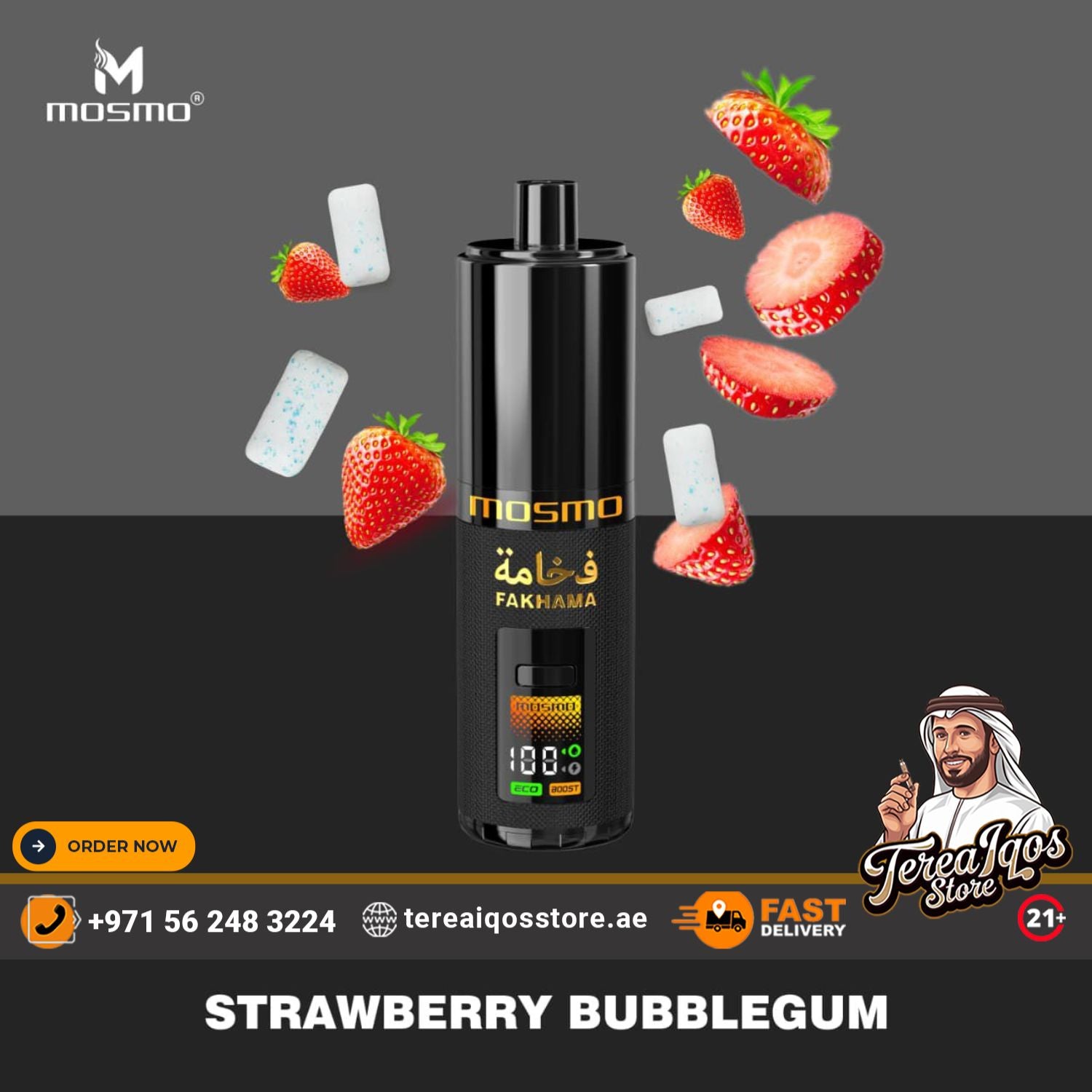 Black vape device with strawberry and bubblegum elements on a dark background, featuring Mosmo branding.