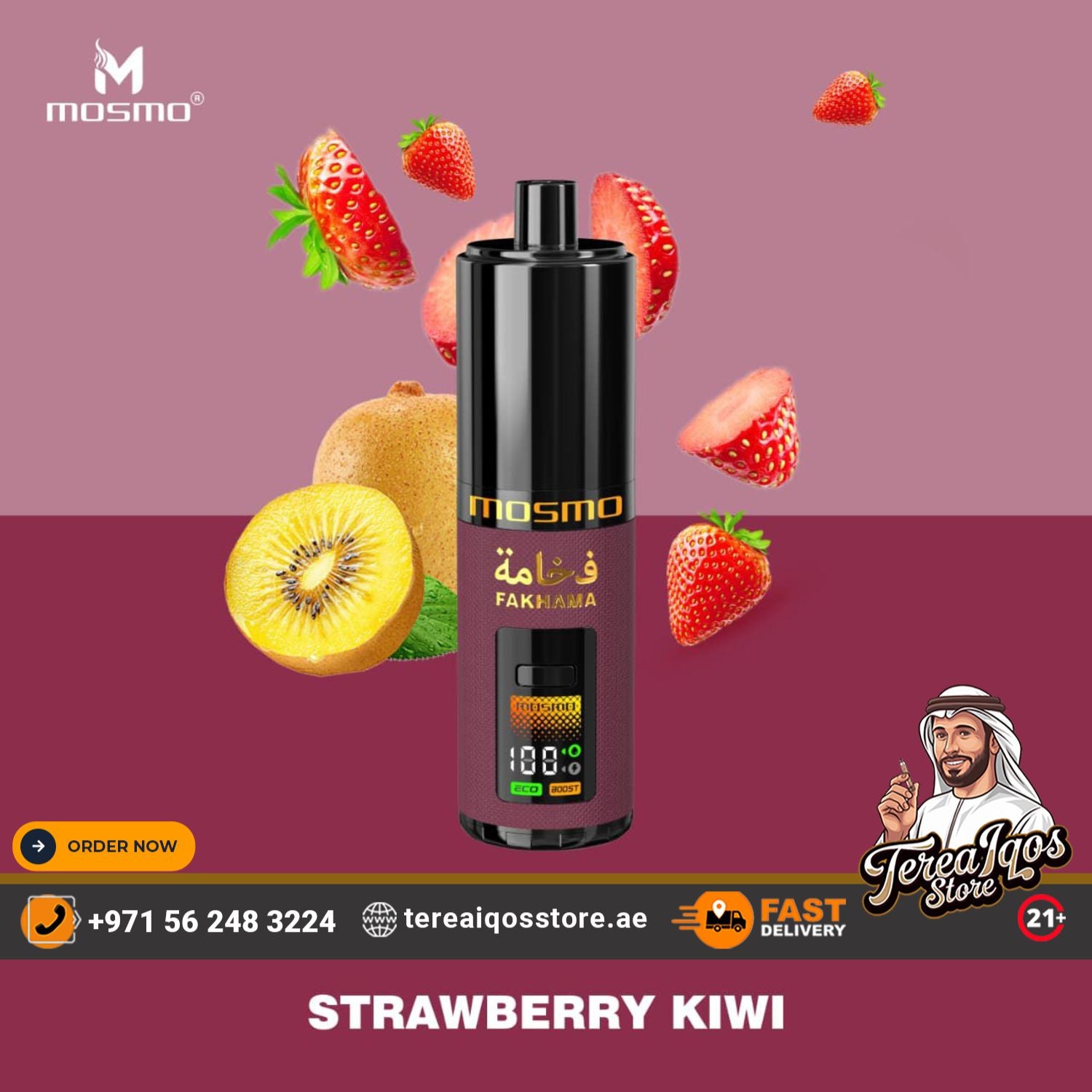 Vape device with strawberry and kiwi graphics on a purple background, featuring Mosmo branding.