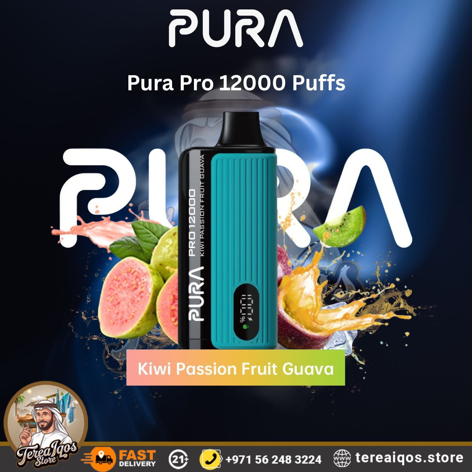 Pura Pro 12000 Puffs vape device with kiwi passion fruit flavor