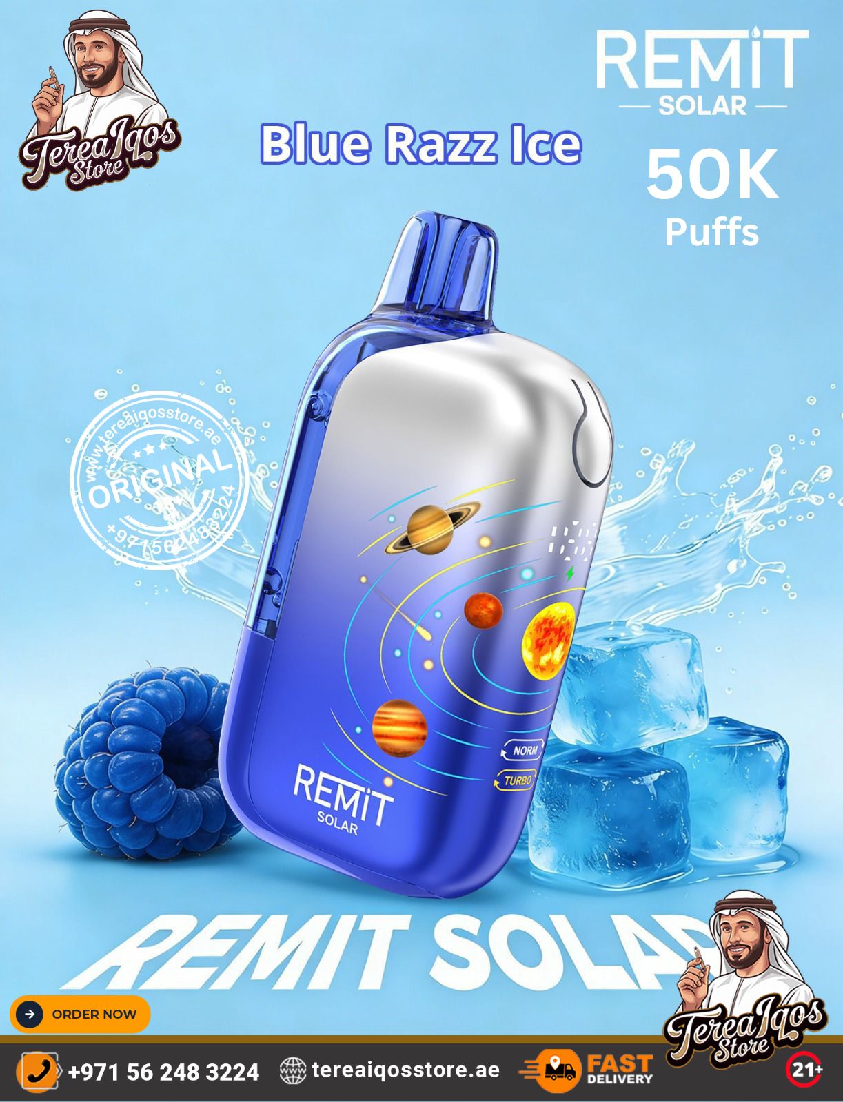 REMIT Solar vape device with blue razz ice flavor on a light blue background