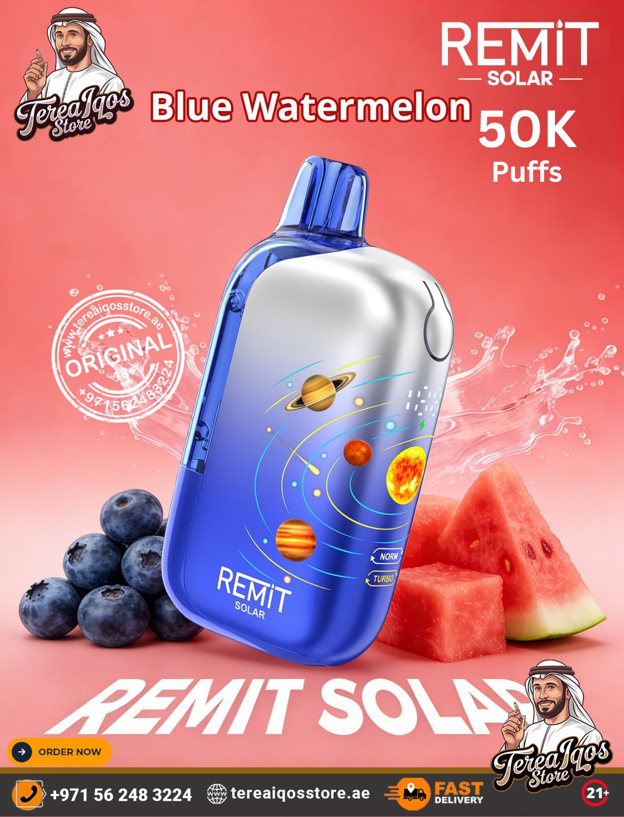 Blue watermelon-flavored vape device with REMIT branding on a pink background