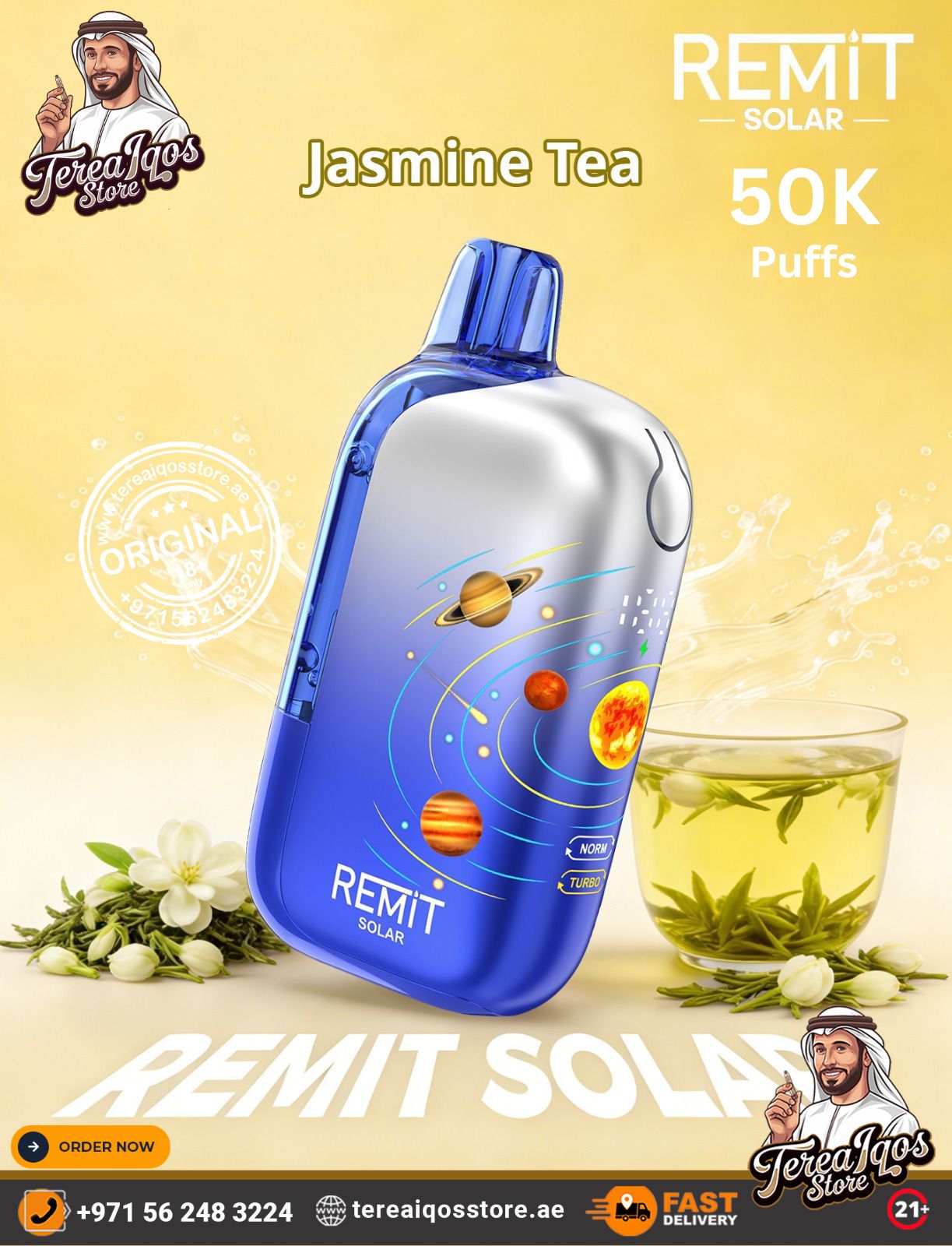Blue REMIT SOLAR vape device with a glass of green tea and jasmine flowers on a yellow background.