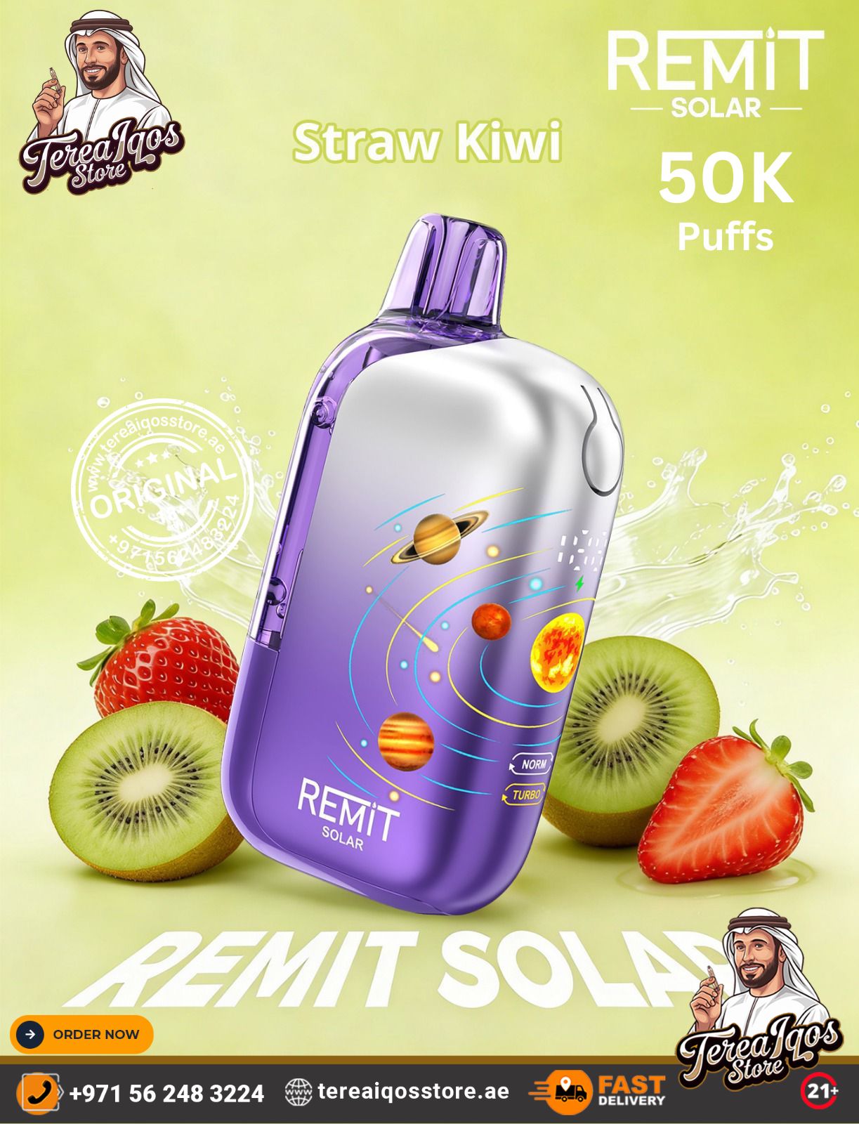 Purple vape device with kiwi and strawberry on a green background, featuring REMIT Solar branding.