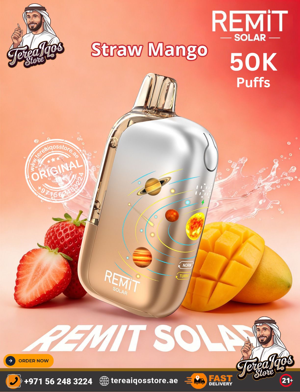 REMIT Solar vape device with strawberry and mango on a pink background
