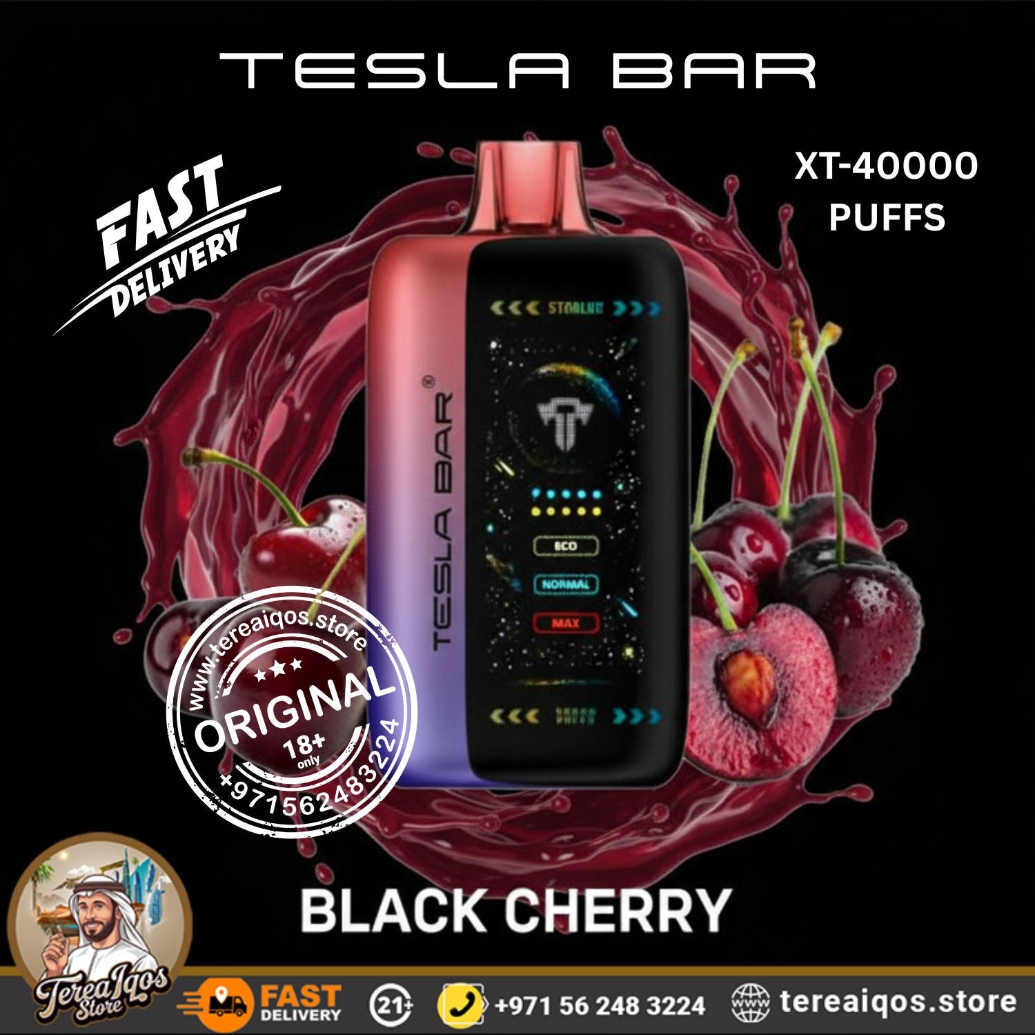 Tesla Bar vape device with black cherry flavor