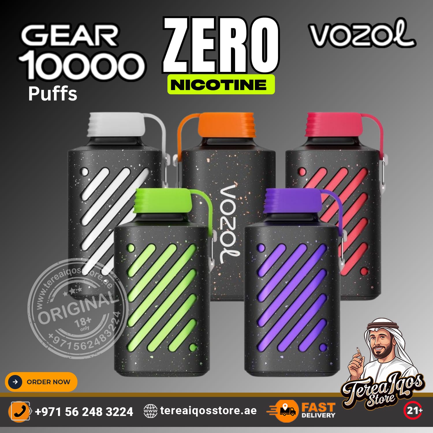 Vozol vaping devices with colorful lids on a dark background, featuring branding and contact information.