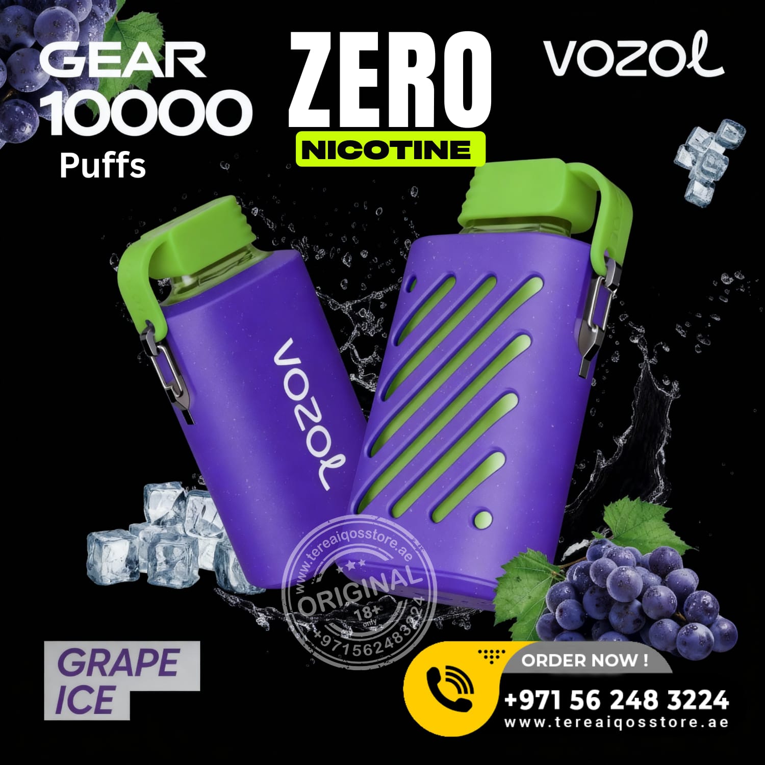 Purple VOZOL vape device with green accents on a black background with grapes and ice cubes.