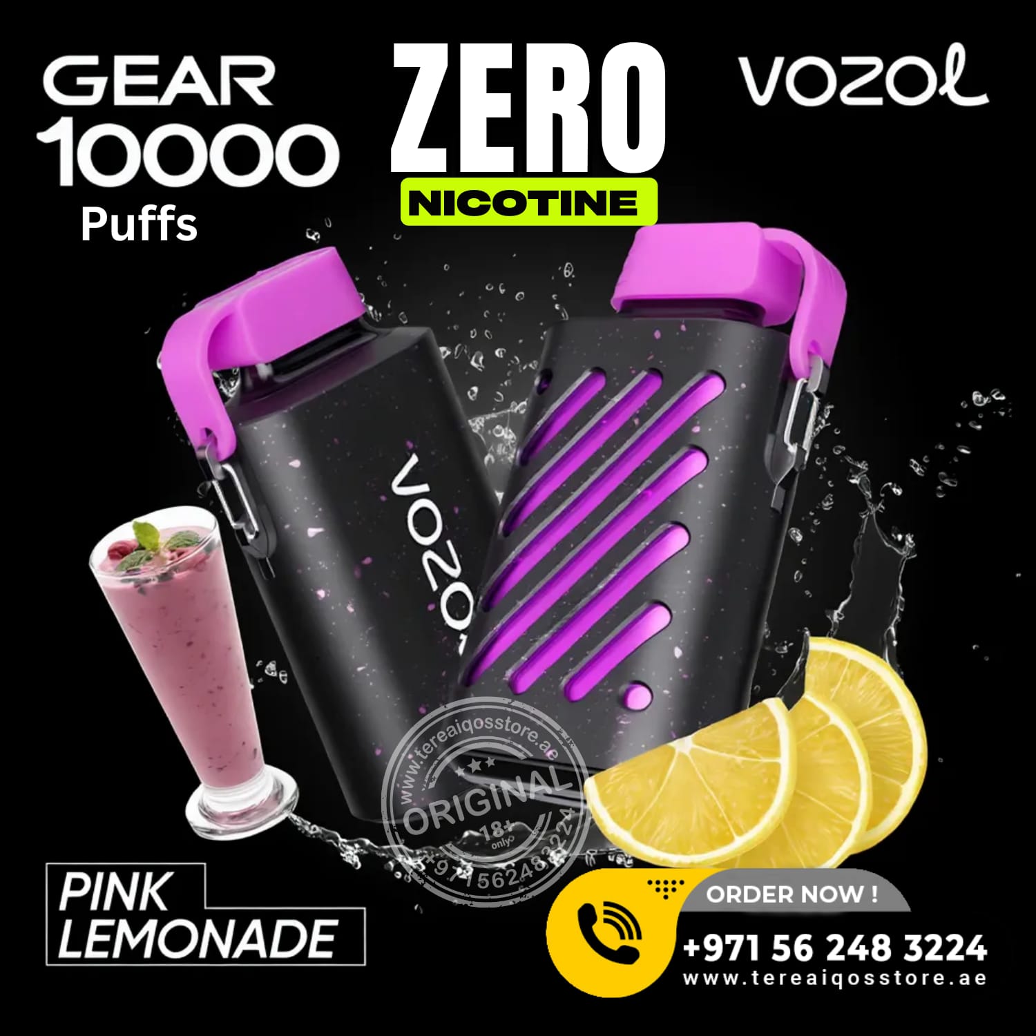 VOZOL vaping device with pink lemonade flavor on a black background