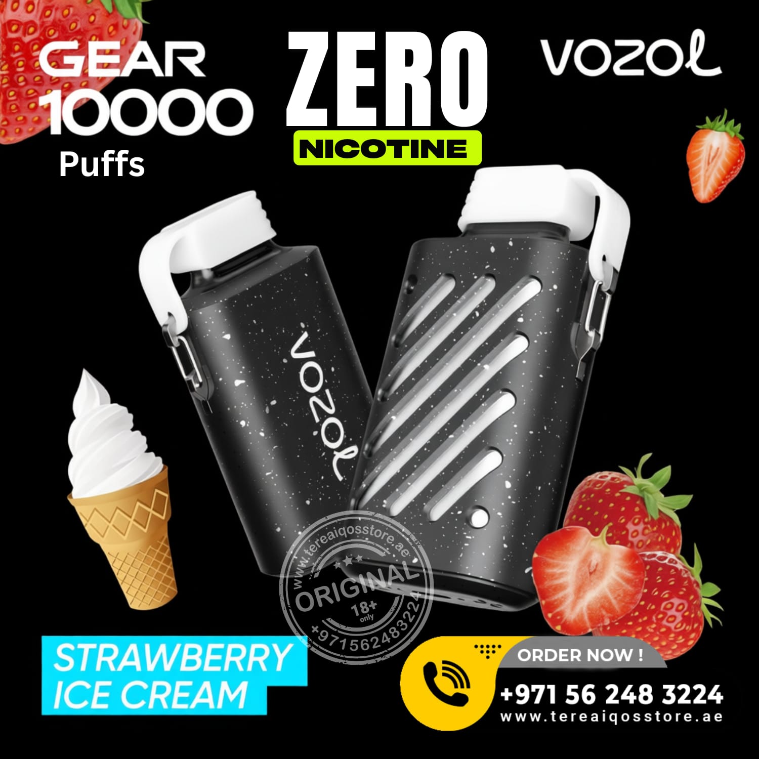 VOZOL vaping device with strawberry ice cream and strawberry graphics on a black background
