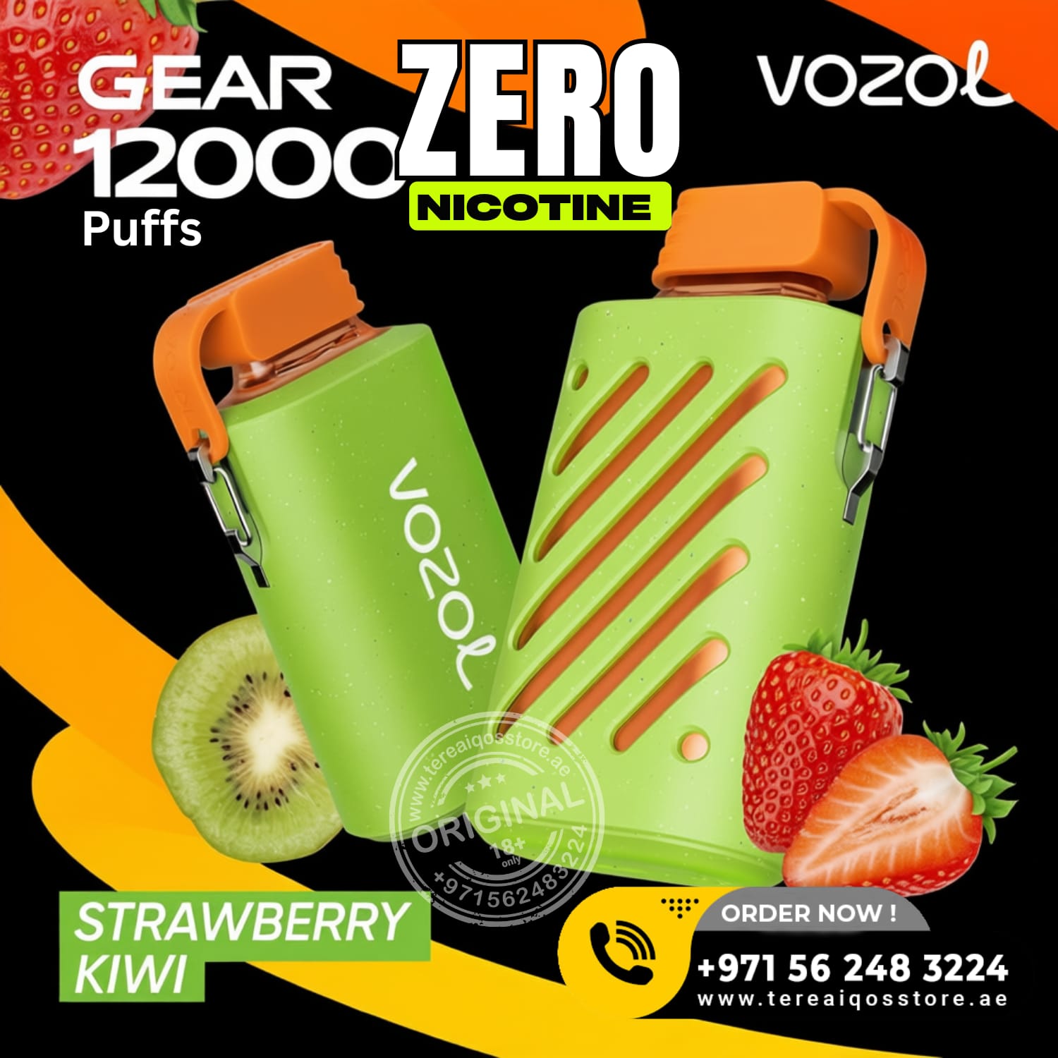 VOZOL Gear 12000 Nicotine Puffs device with strawberry and kiwi on a black background