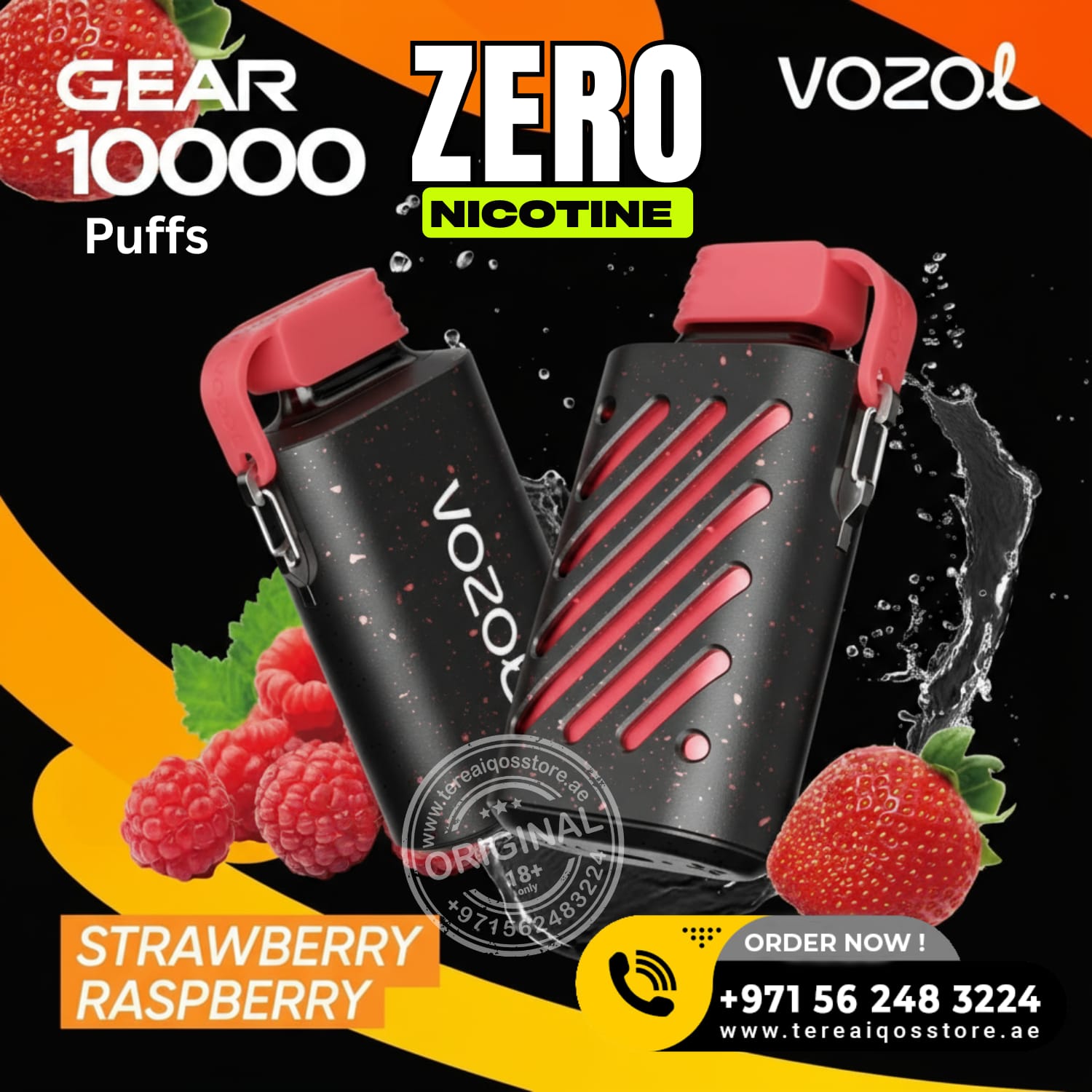 VOZOL vaping device with strawberry and raspberry graphics on a black background