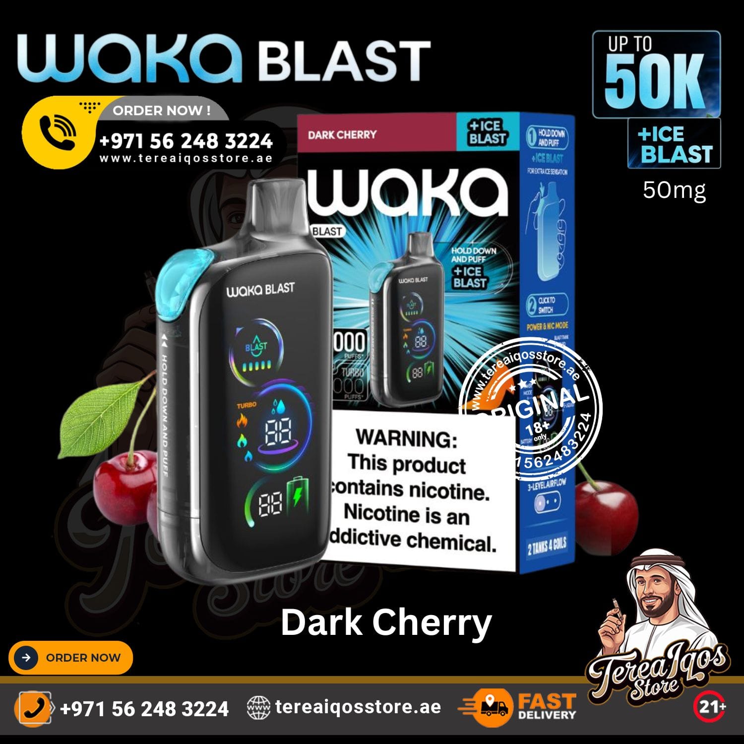 Waka Blast vape device with packaging and cherries on a promotional background