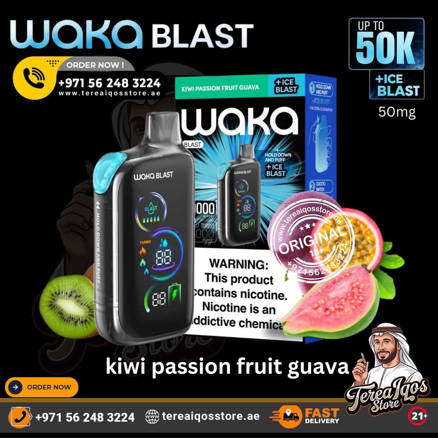 Waka Blast vape device with packaging and ingredients on a black background