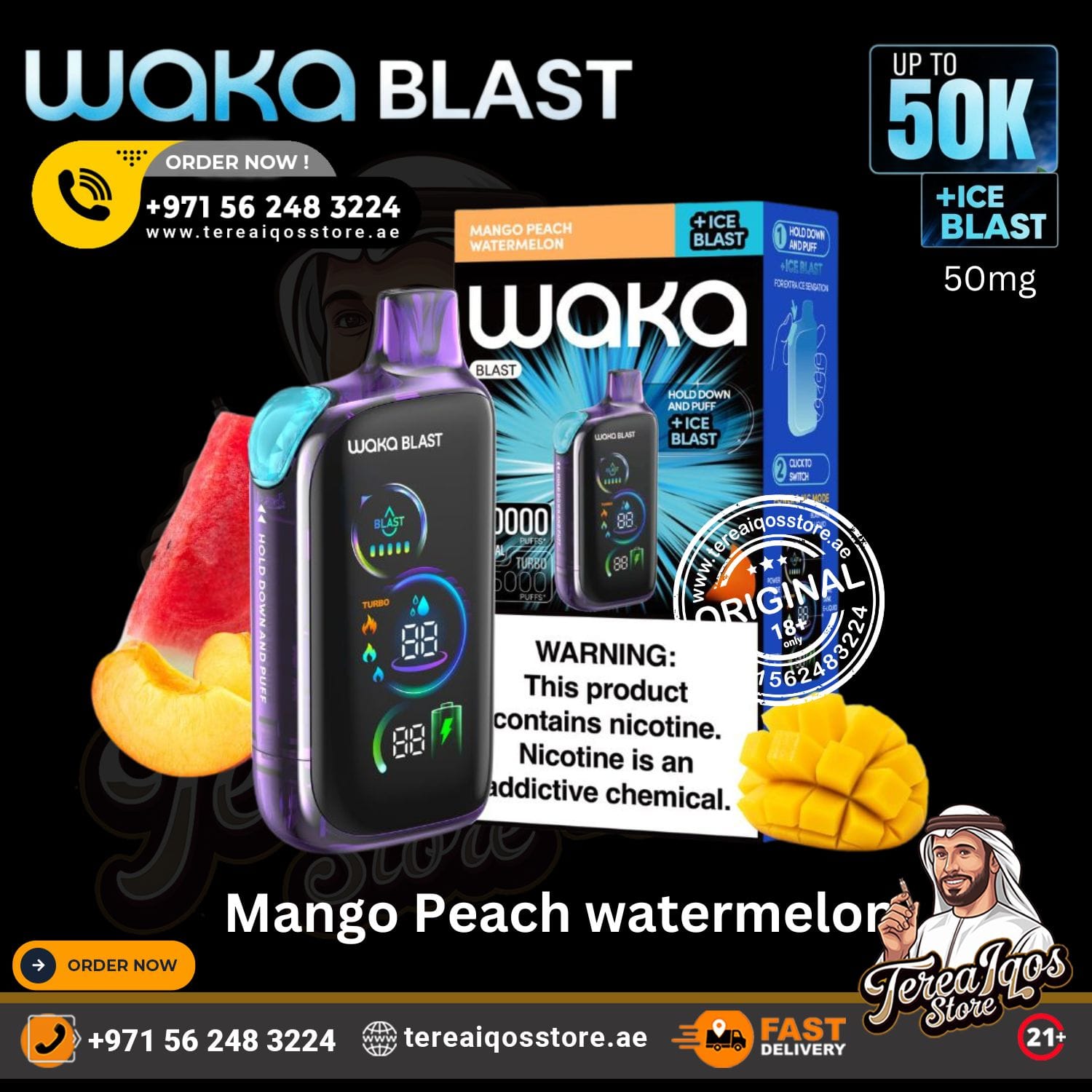 Waka Blast vape device with packaging and promotional text on a black background