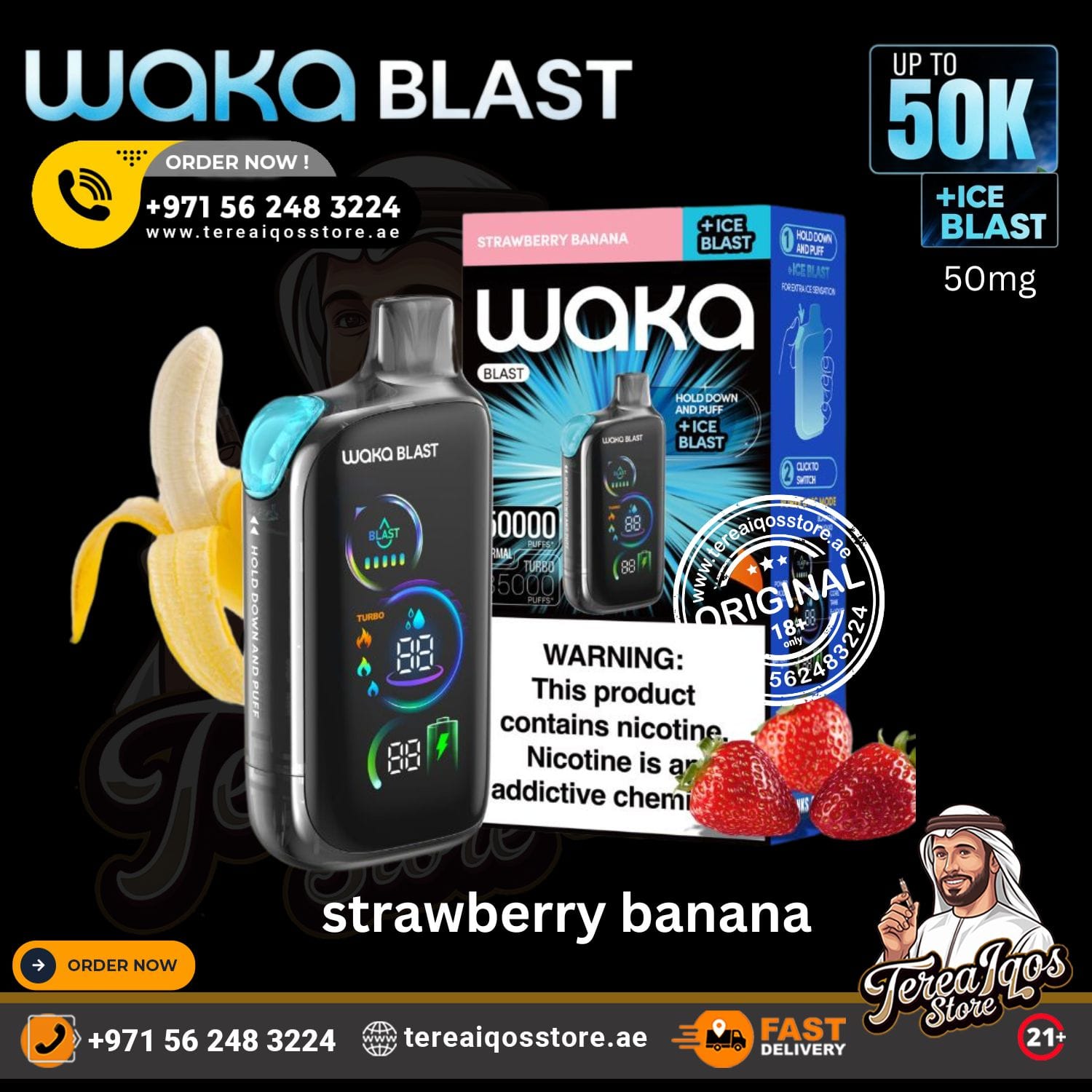 Waka Blast vape device with packaging and strawberry banana flavor indication on a promotional poster.