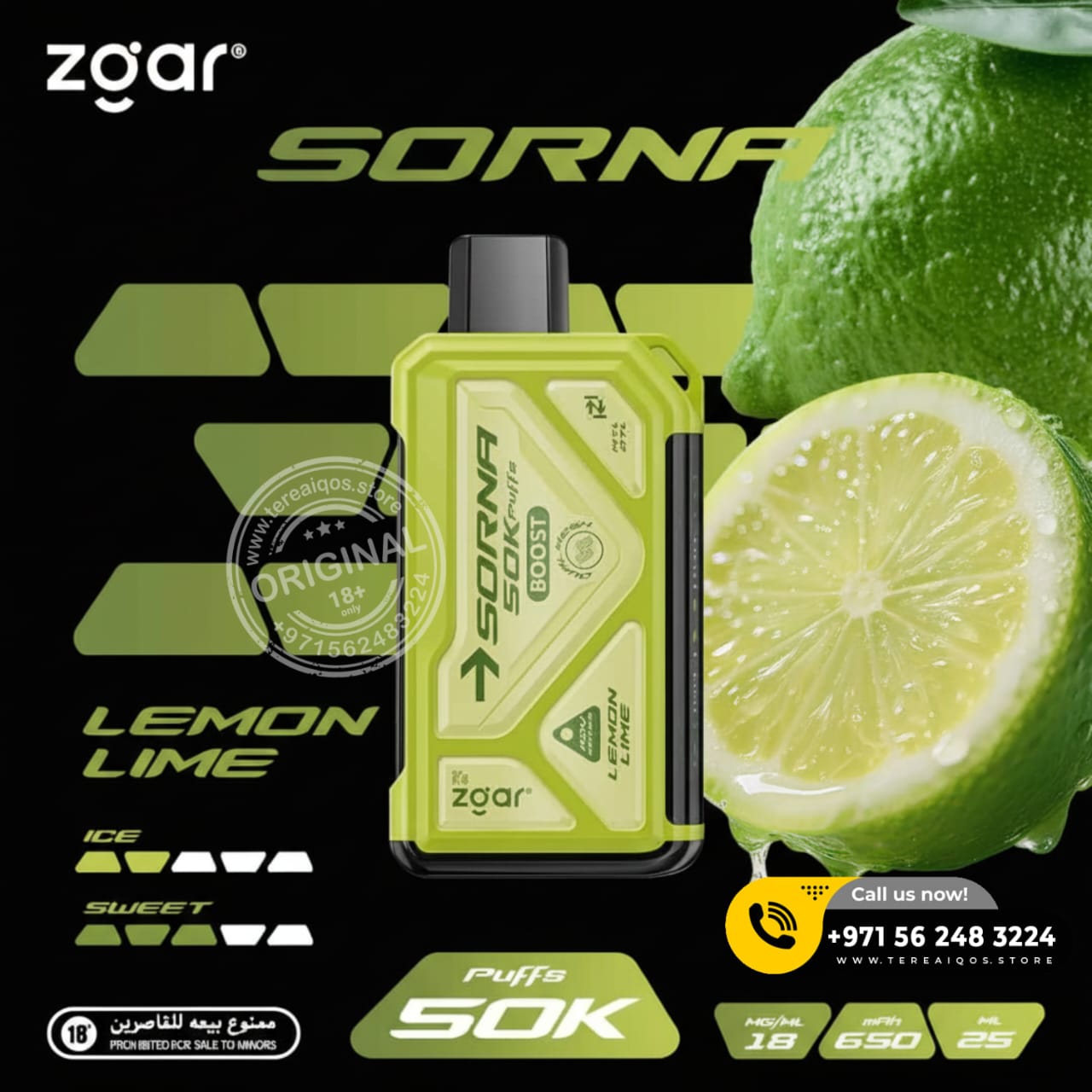 Zgar Sorna vape device with lemon lime flavor on a black background
