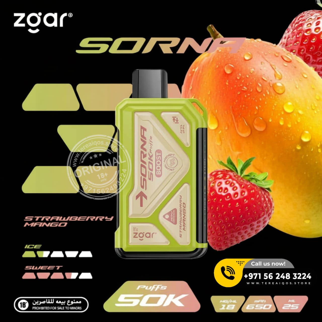 Zgar Sorn vape device with strawberry, mango, and strawberry mango flavors displayed on a black background.
