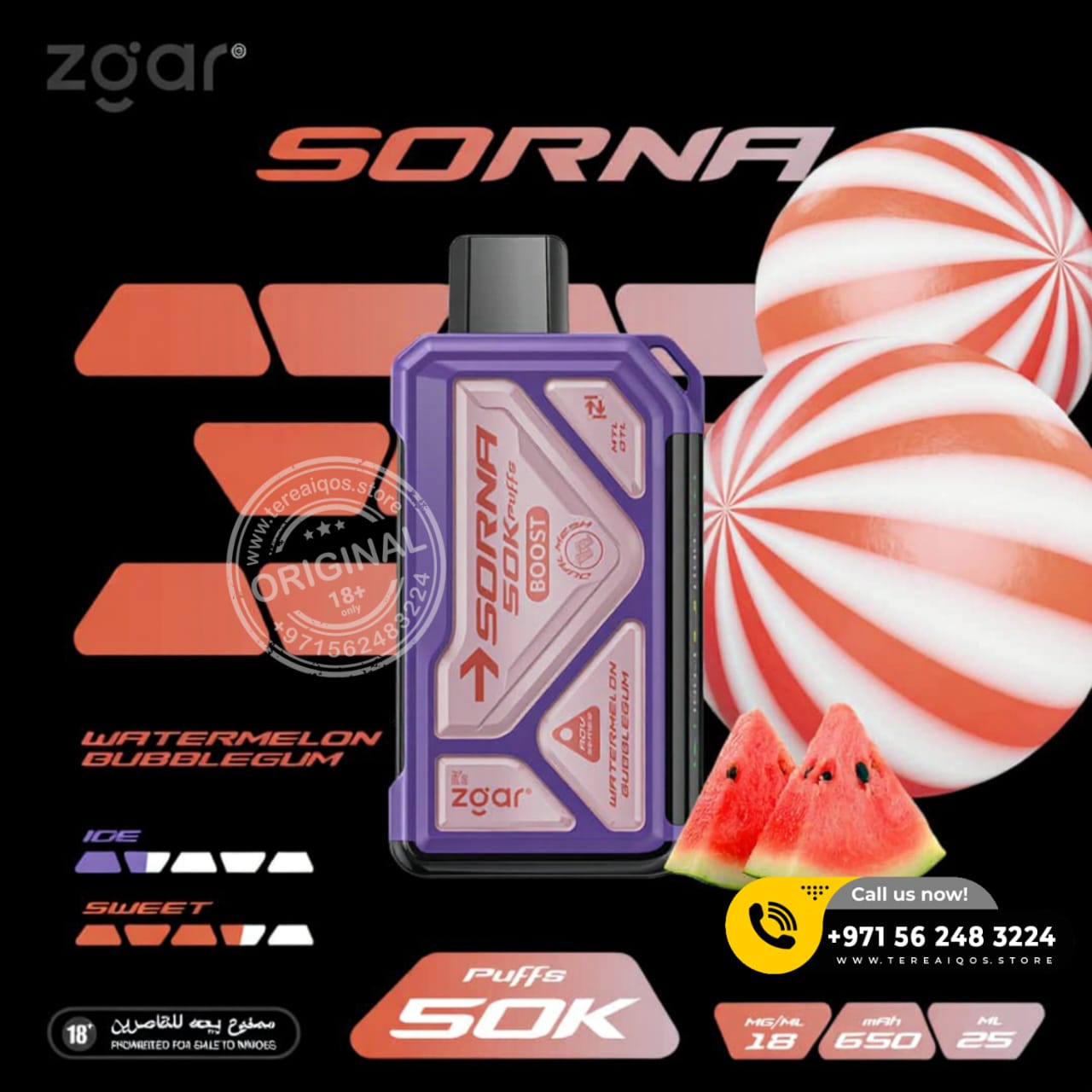 Zgar Sornna vape device with watermelon bubblegum flavor on a black background