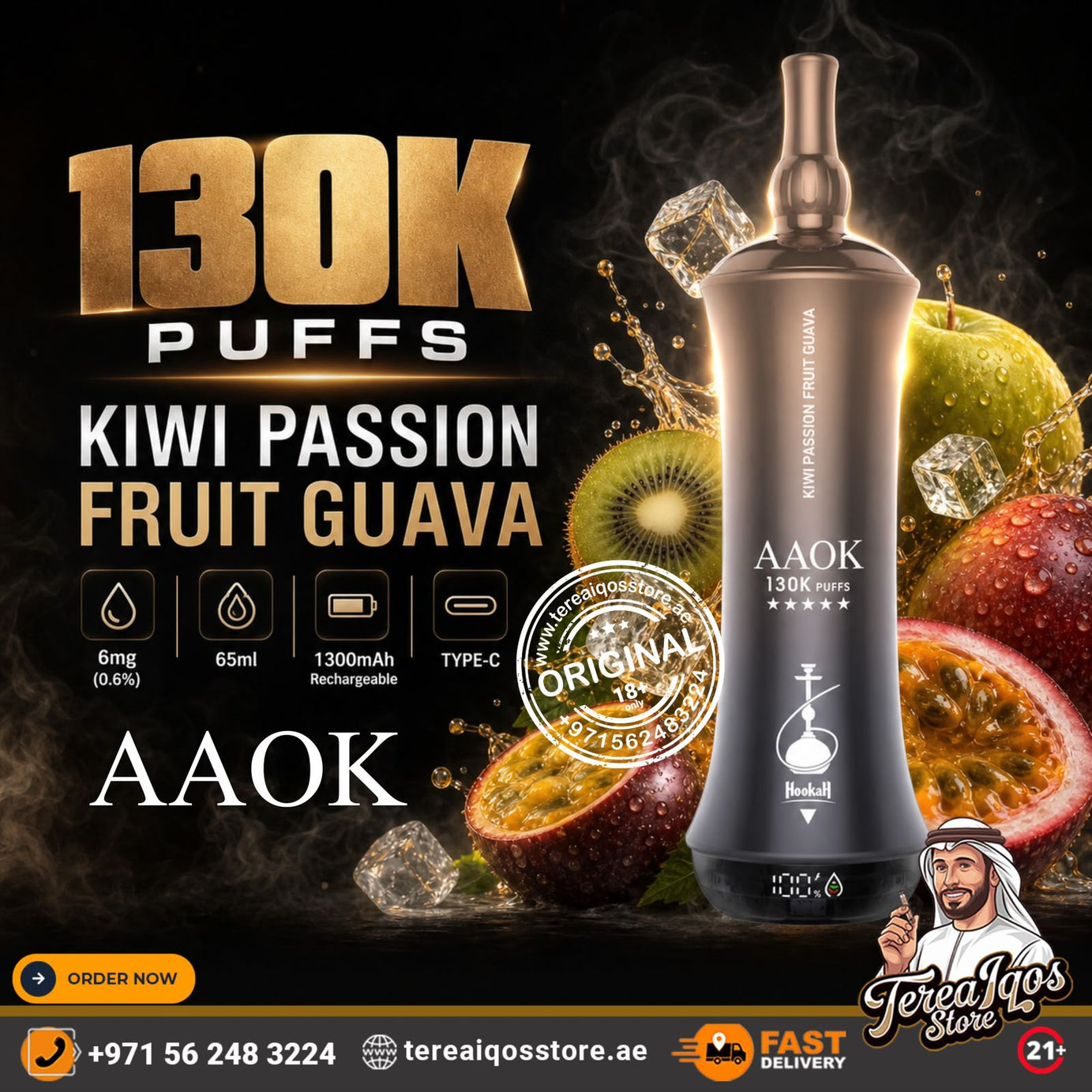 AAOK 130K Puffs Disposable Vape Kiwi Passionfruit Guava