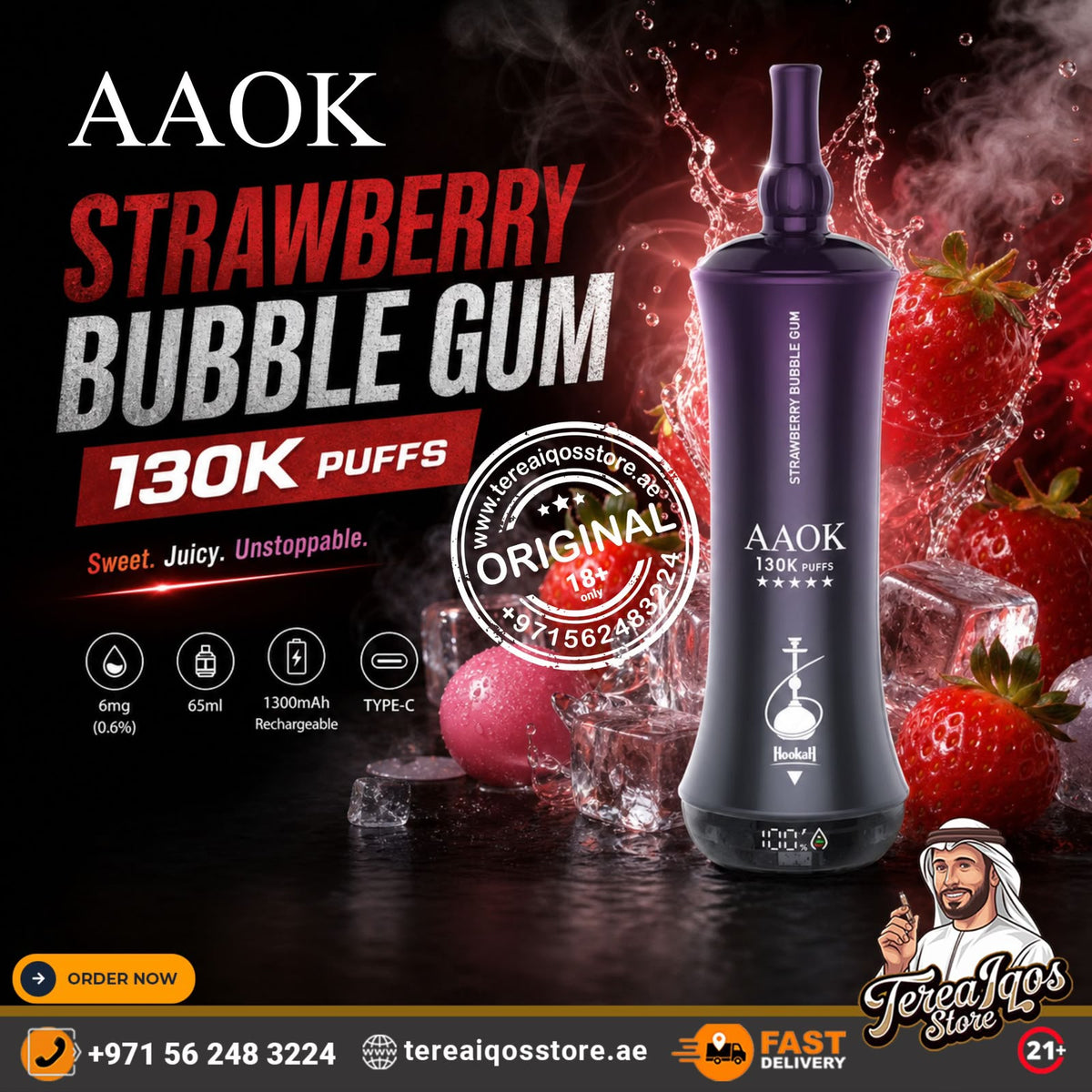 AAOK 130K Puffs Disposable Vape Strawberry Bubble Gum