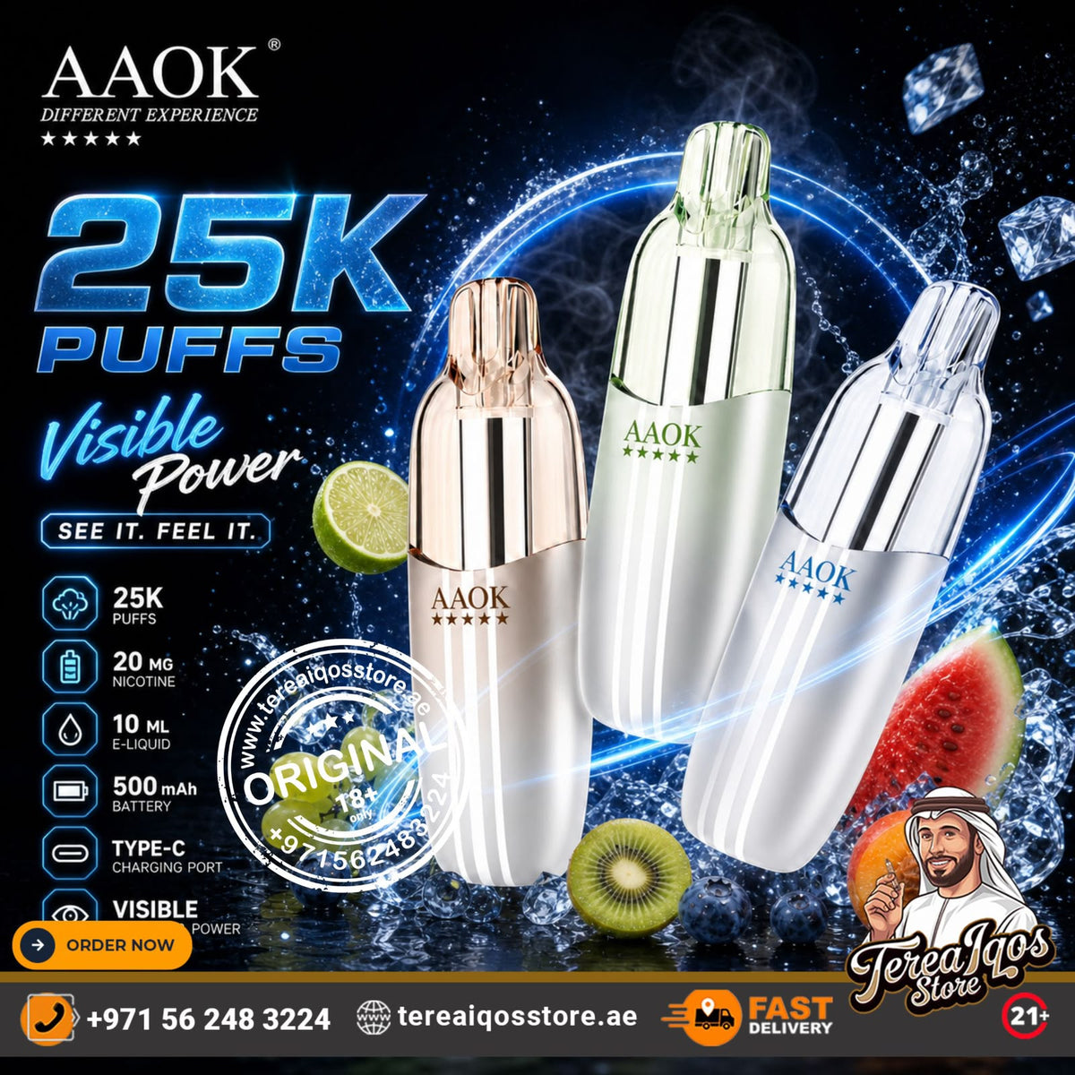 Three AAOK portable vape devices in rose gold, silver, and mint green are displayed against a dynamic dark blue background with water splashes, ice cubes, and fruit slices. The image is heavily promotional with text overlays detailing the '25K Puffs' capacity, battery life, and other specifications, along with store contact information and a delivery logo.