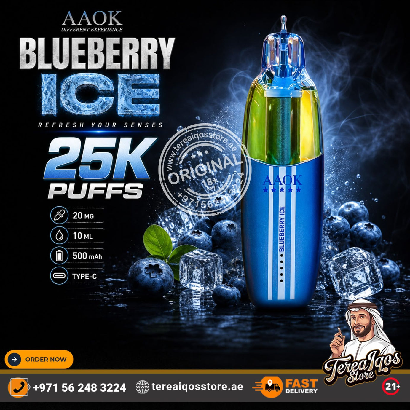 AAOK Blueberry Ice disposable vape device in a glossy blue and green gradient finish, displayed on a dark background with ice cubes, blueberries, and promotional text overlays.