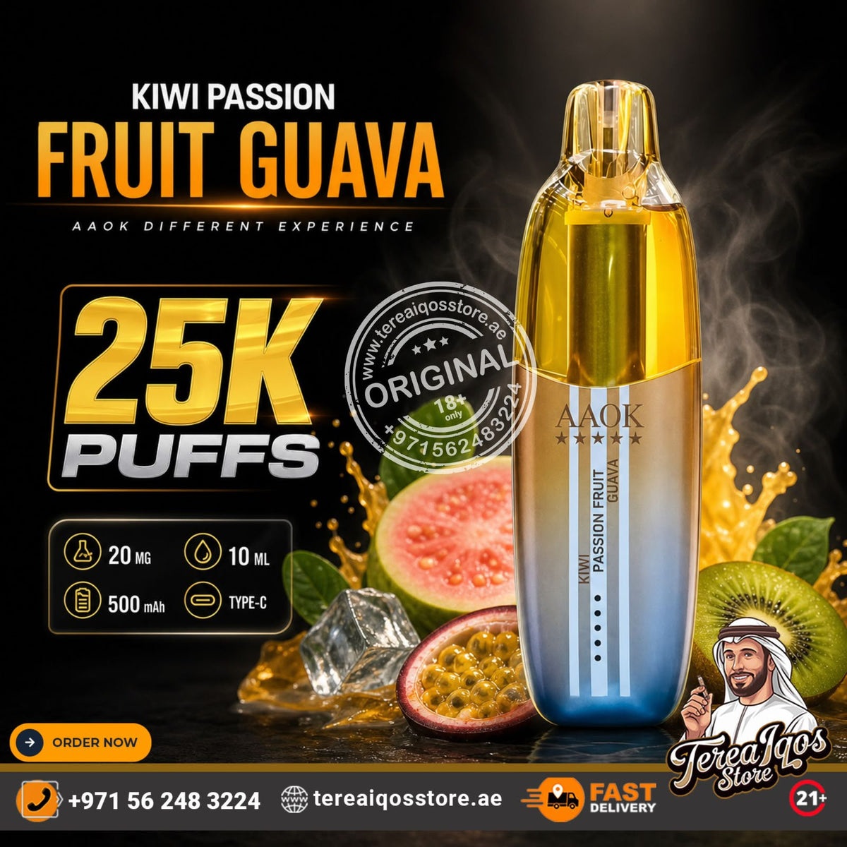 AAOK Kiwi Passion Fruit Guava disposable vape device shown in a promotional graphic with kiwi, passion fruit, and watermelon slices on a dark background. The ad includes text such as '25K Puffs', '20 MG', '10 ML', '500 mAh', 'Type-C', and brand/store details.