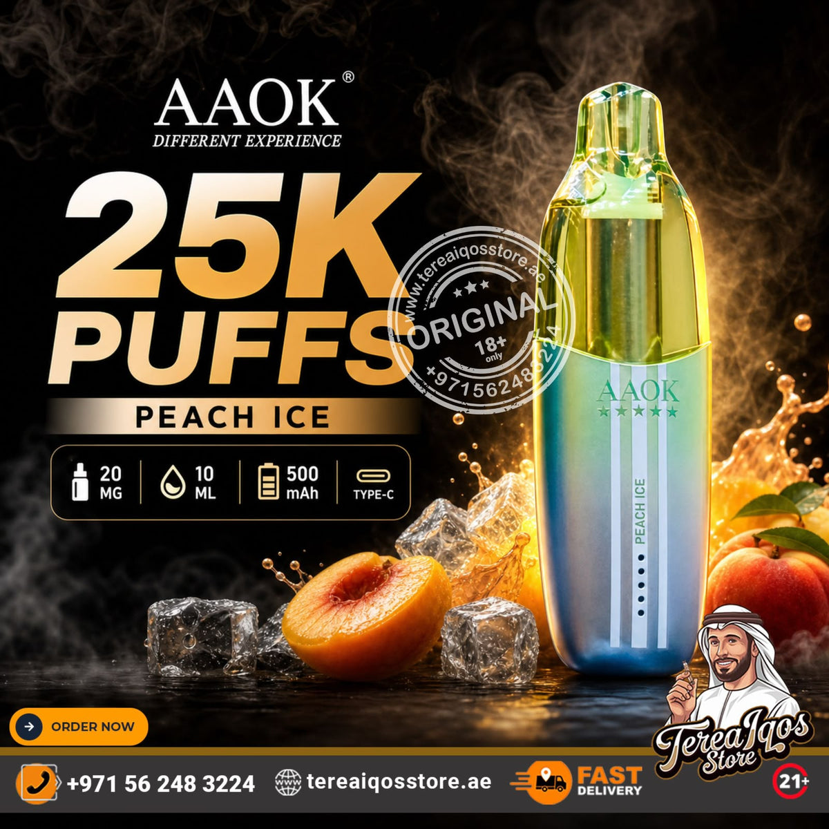 AAOK Peach Ice disposable vape device with a blue-to-yellow gradient body, set against a dark background with peach slices, ice cubes, and promotional text.
