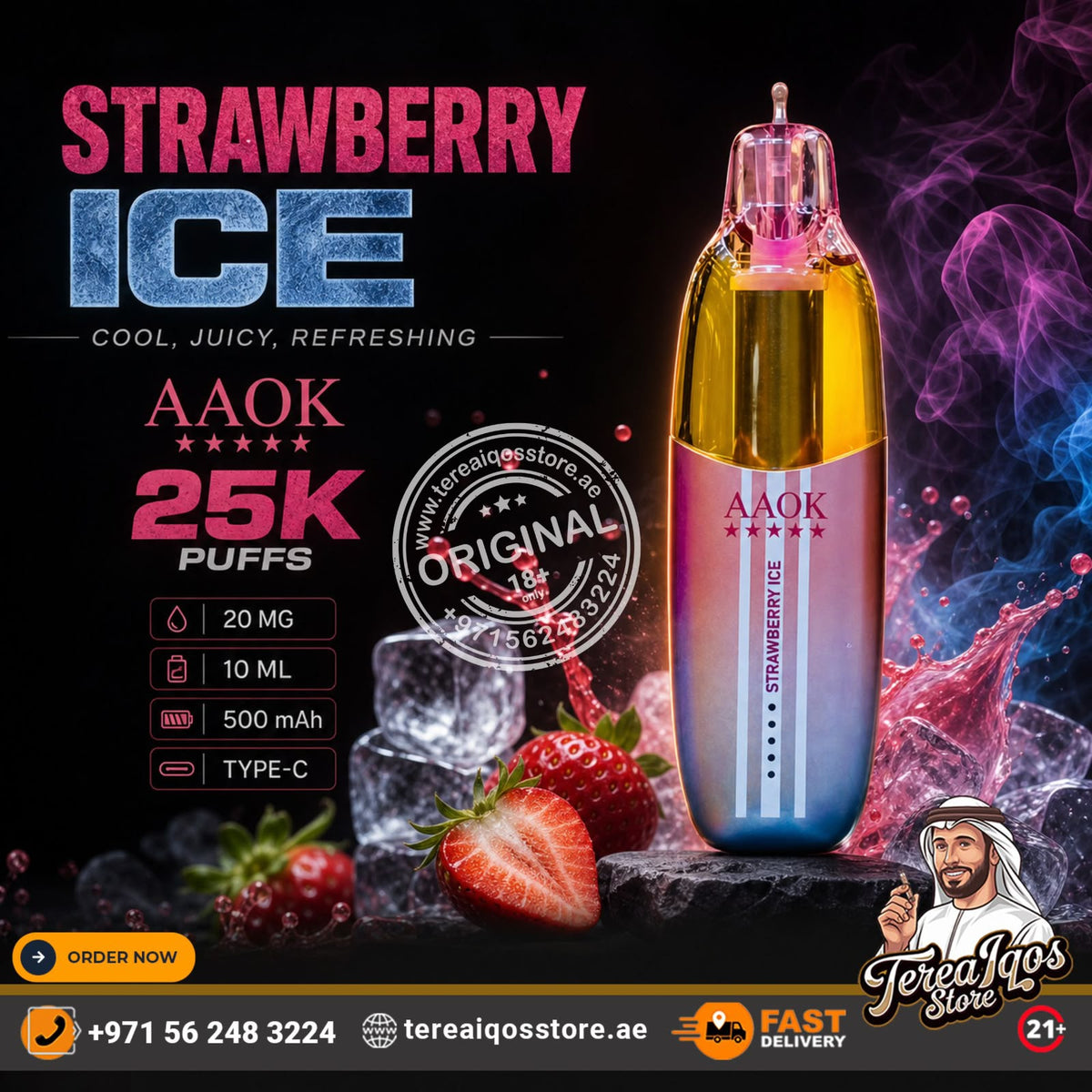 AAOK Strawberry Ice disposable vape device with a pink-to-blue gradient body, shown next to fresh strawberries and ice cubes on a dark background with promotional text and smoke effects.