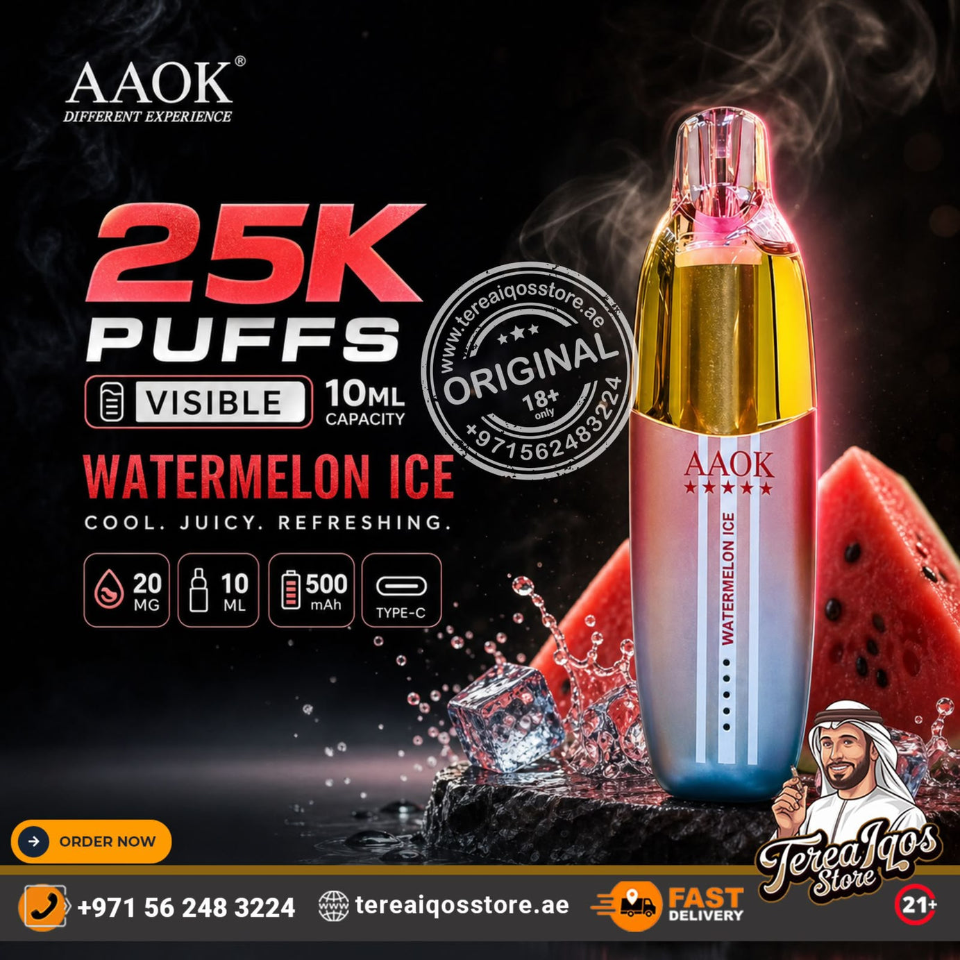 AAOK Watermelon Ice disposable vape device with a gold-to-blue gradient body, set against a dark background with watermelon slices, ice splash, and promotional text.