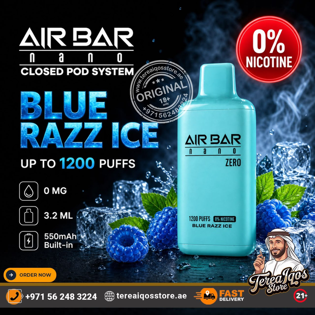 Air Bar Nano Zero 1200 Puffs 0% Nicotine Disposable Vape Blue Razz Ice