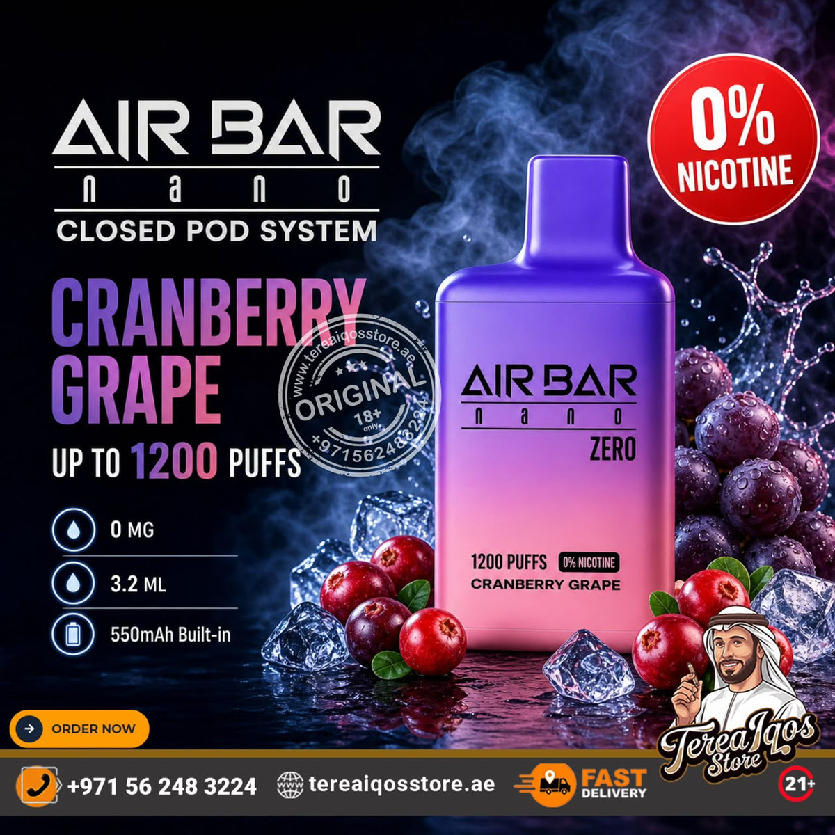 Air Bar Nano Zero 1200 Puffs 0% Nicotine Disposable Vape Cranberry Grape