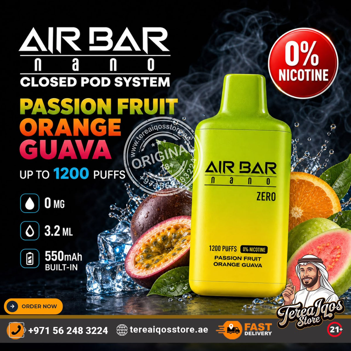 Air Bar Nano Zero 1200 Puffs 0% Nicotine Disposable Vape Passion Fruit Orange guava