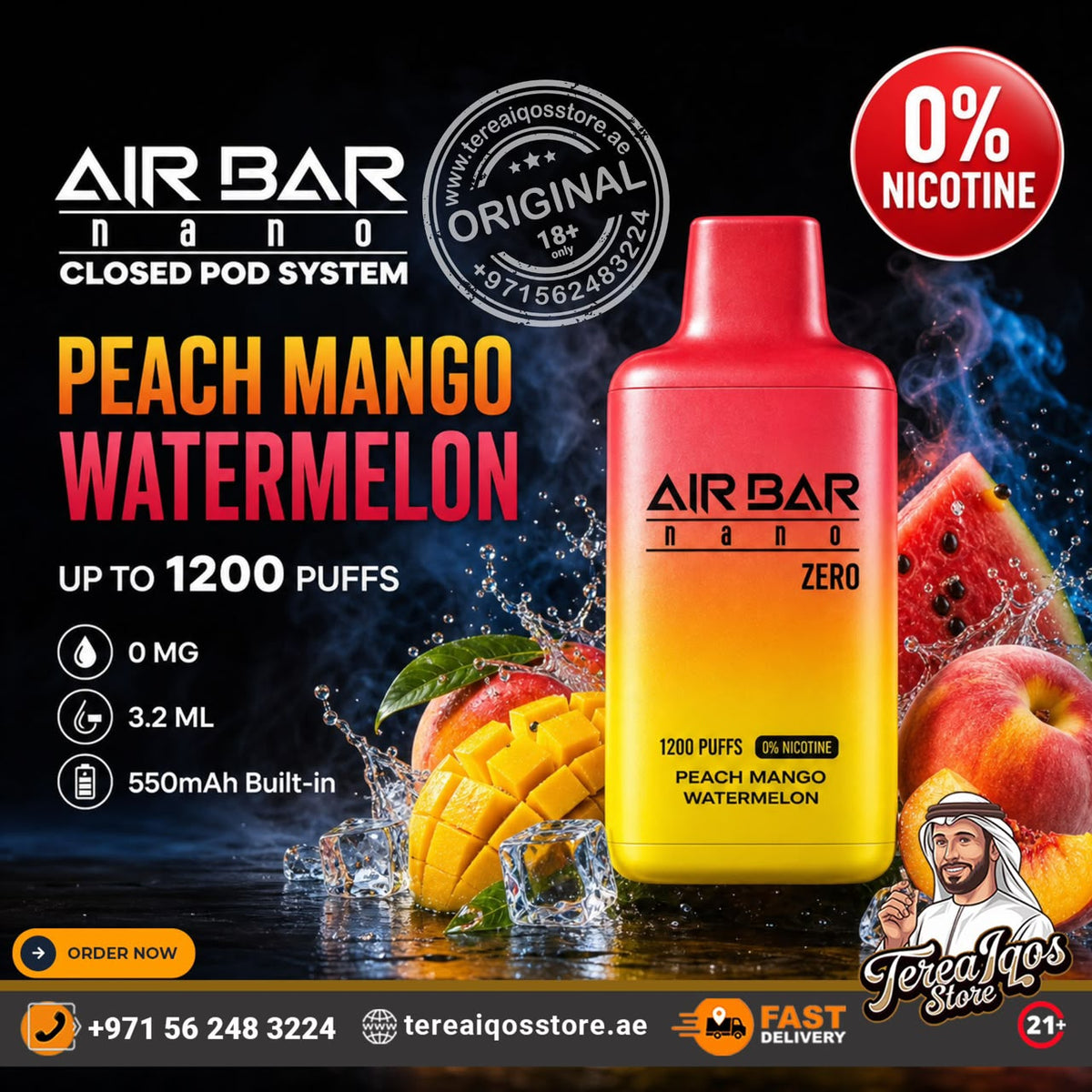 Air Bar Nano Zero 1200 Puffs 0% Nicotine Disposable Vape Peach Mango Watermelon