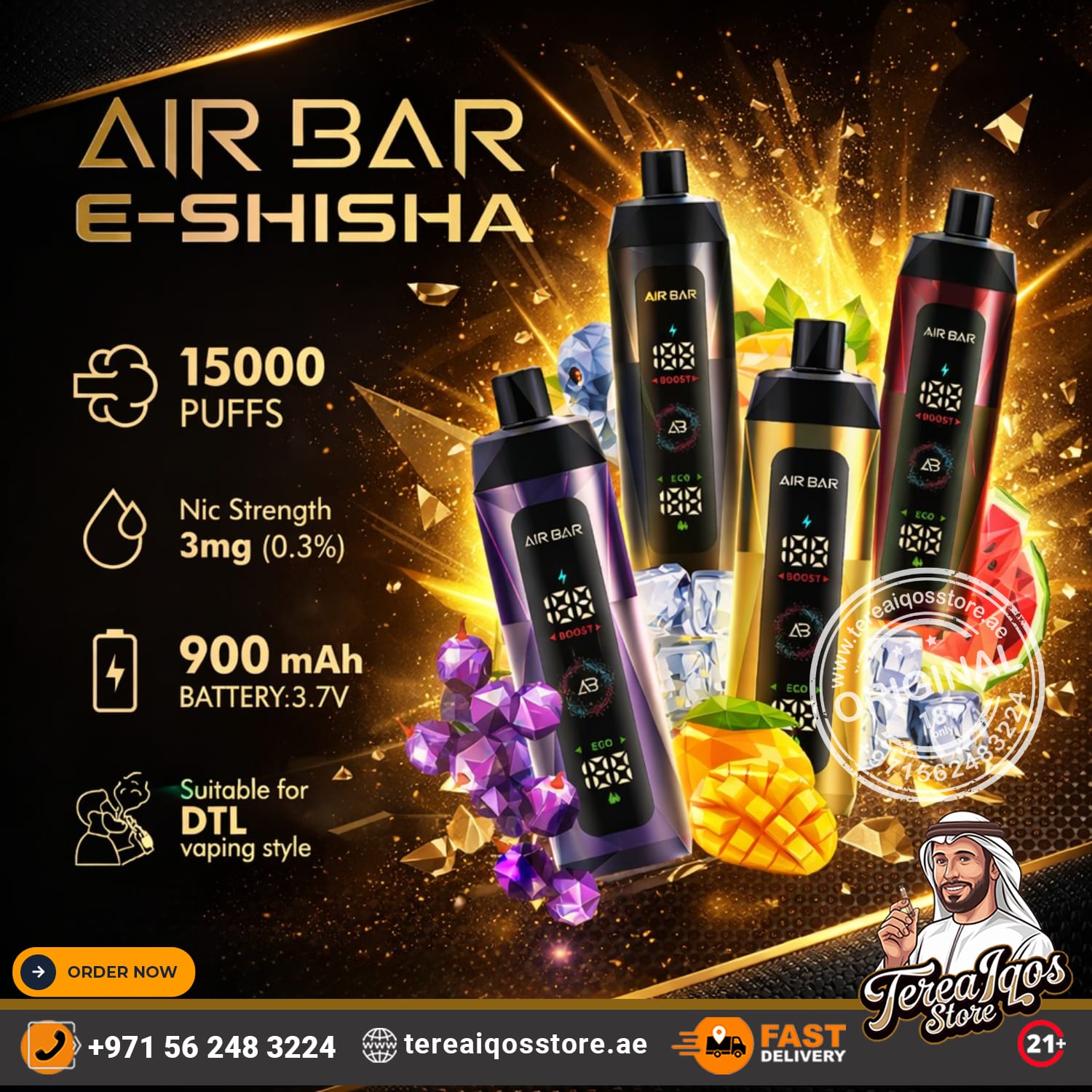 Air Bar e-shisha products with features and branding on a dark background