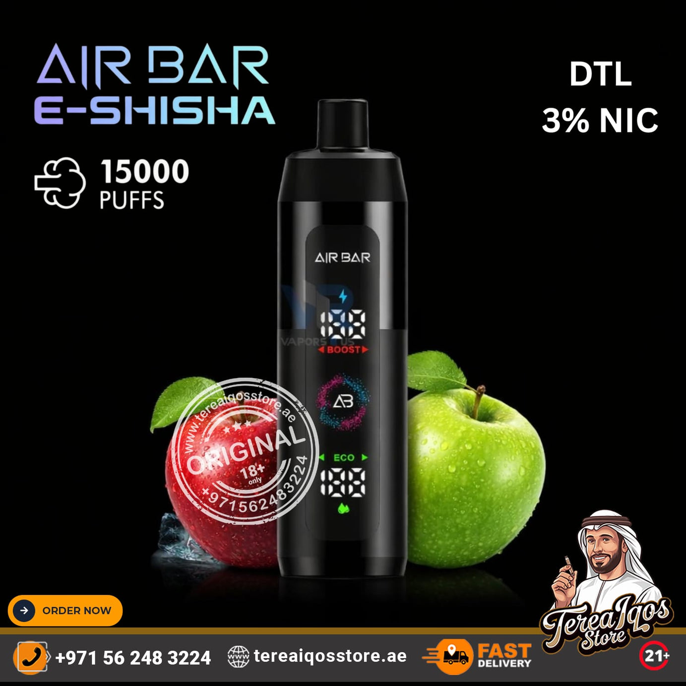 Air Bar e-shisha device with apples on a black background