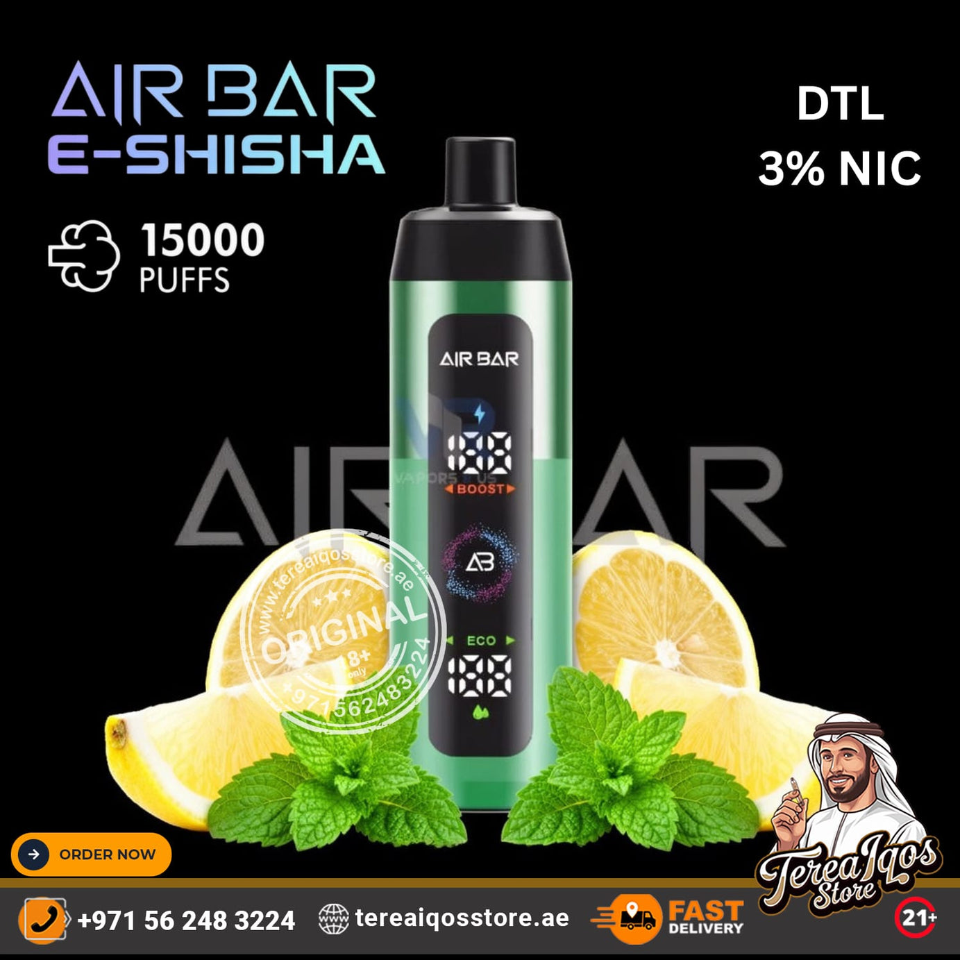 Air Bar e-shisha vape with lemon and mint leaves on a black background