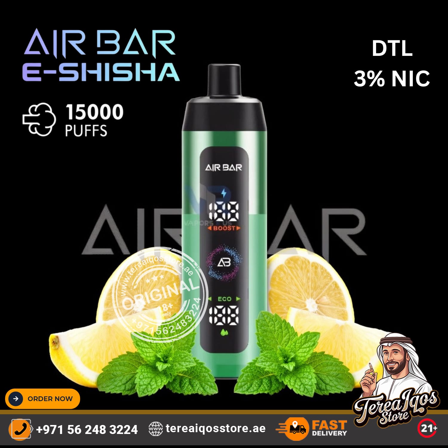 Air Bar e-shisha vape with lemon and mint leaves on a black background