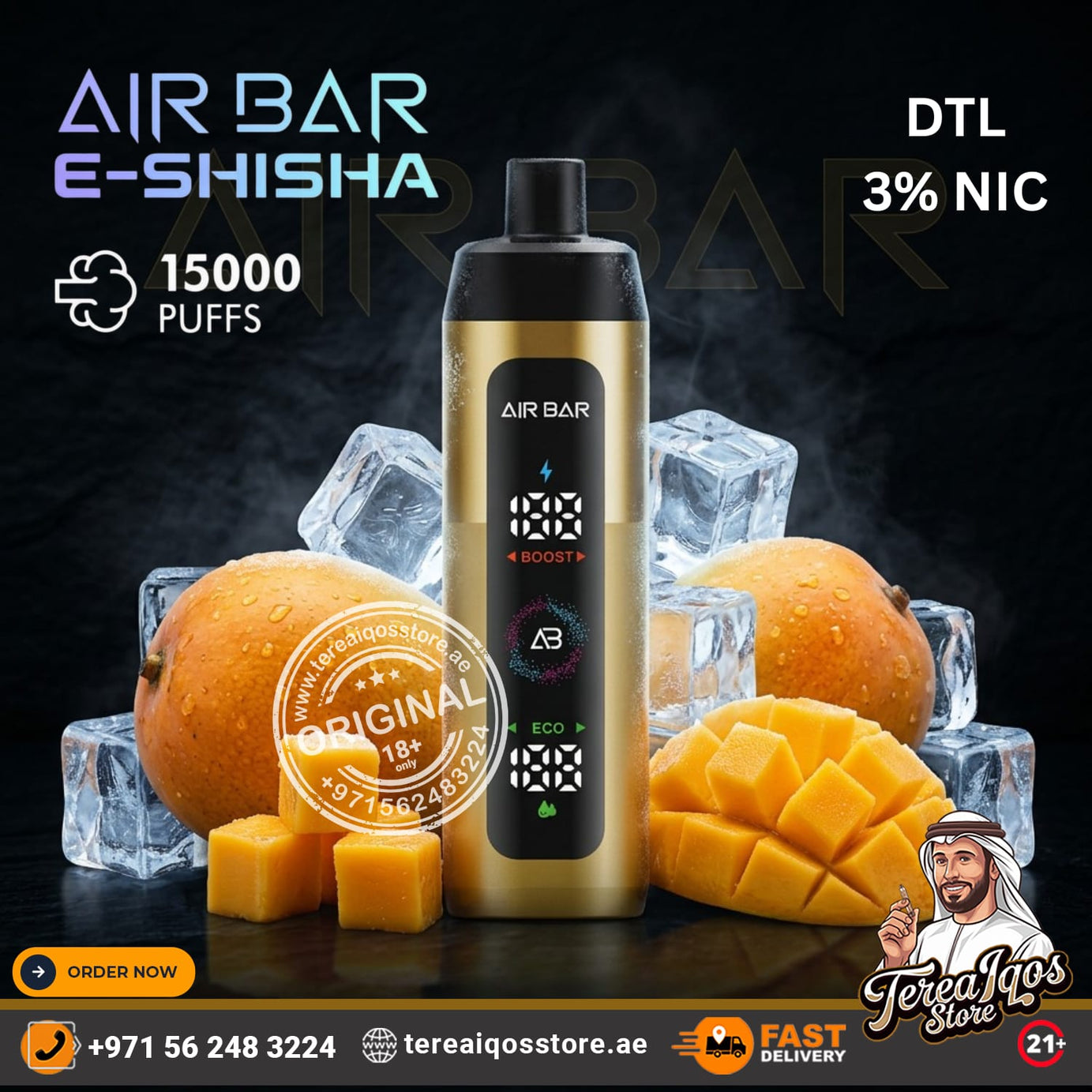 Air Bar e-shisha vape device with mangoes and ice cubes on a dark background