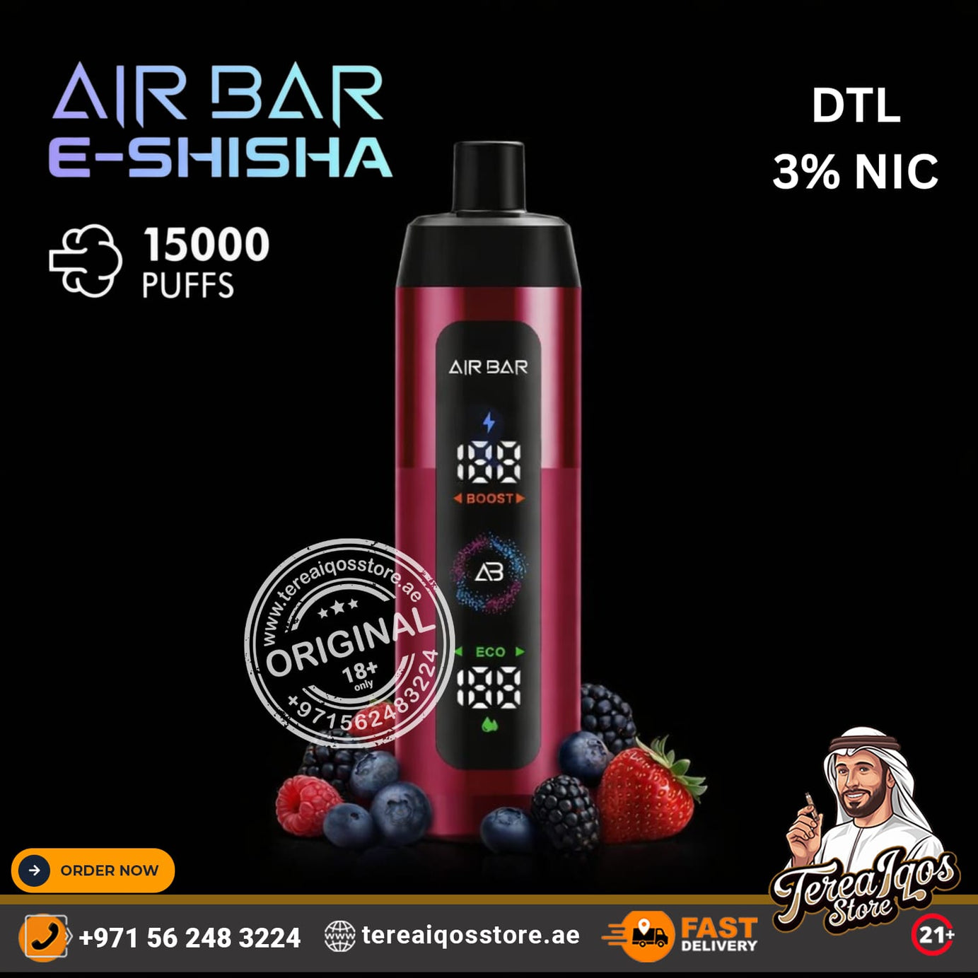 Air Bar e-shisha device with branding and product details on a black background