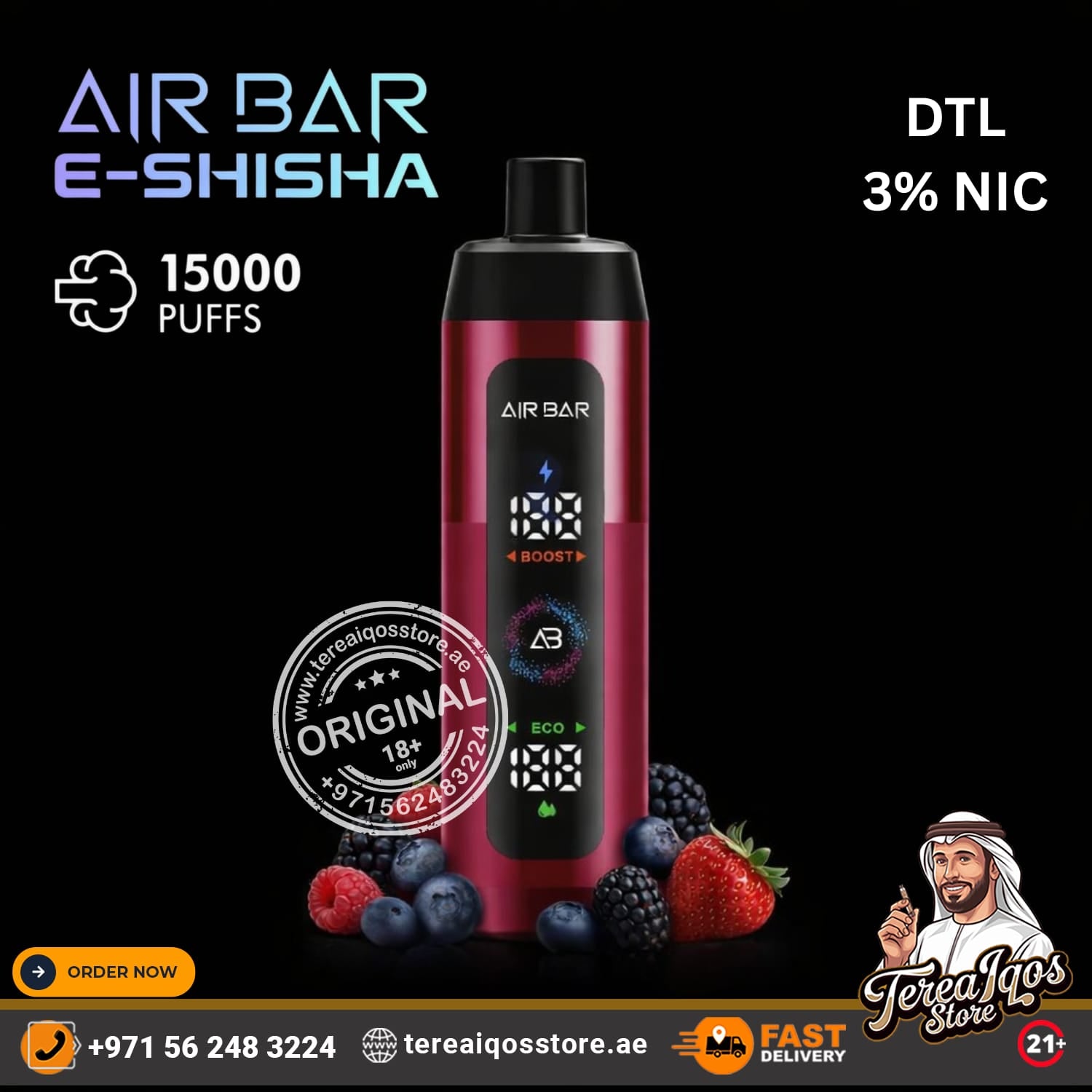 Air Bar e-shisha device with branding and product details on a black background