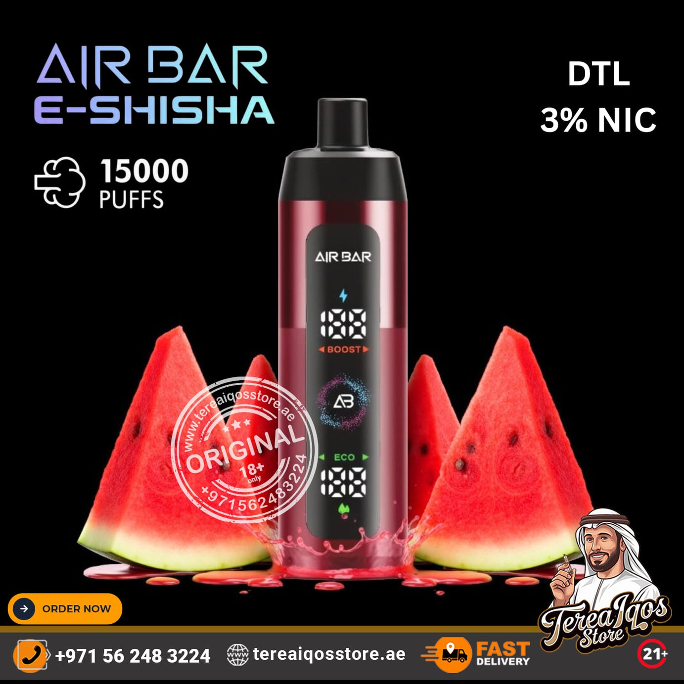 Air Bar e-shisha vape device with watermelon flavor on a black background