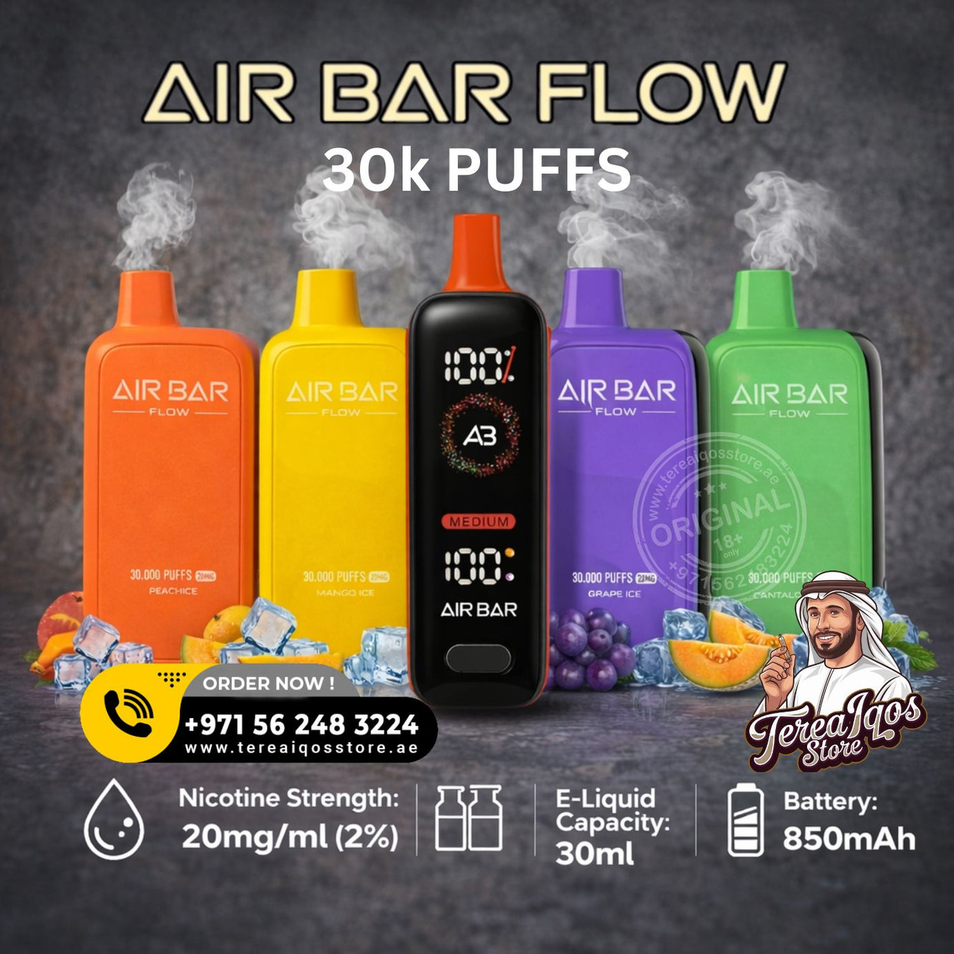 Five Air Bar Flow vape devices in different colors with branding and product details on a dark background.