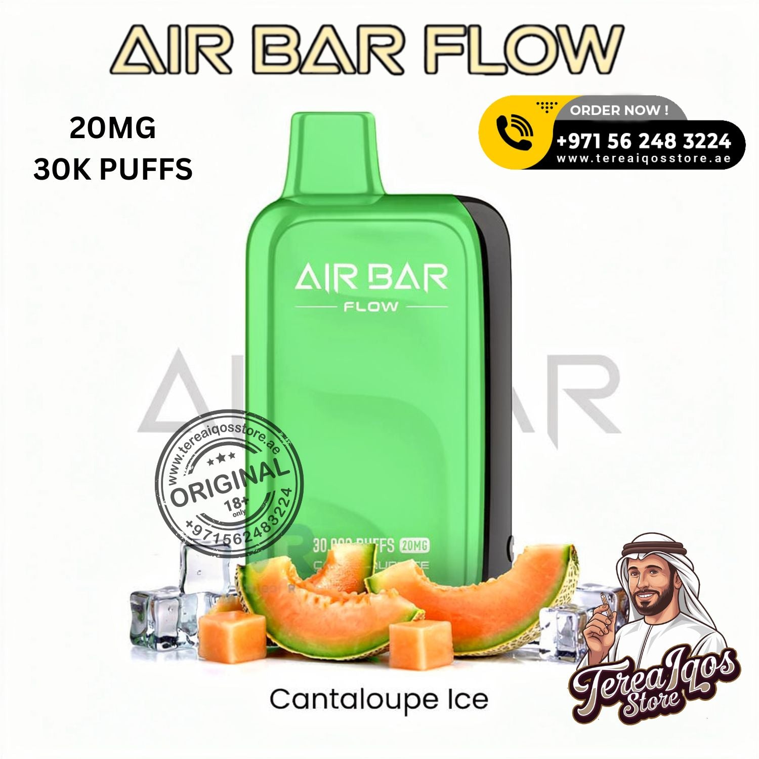 Green Air Bar Flow vape device with cantaloupe ice flavor on a white background