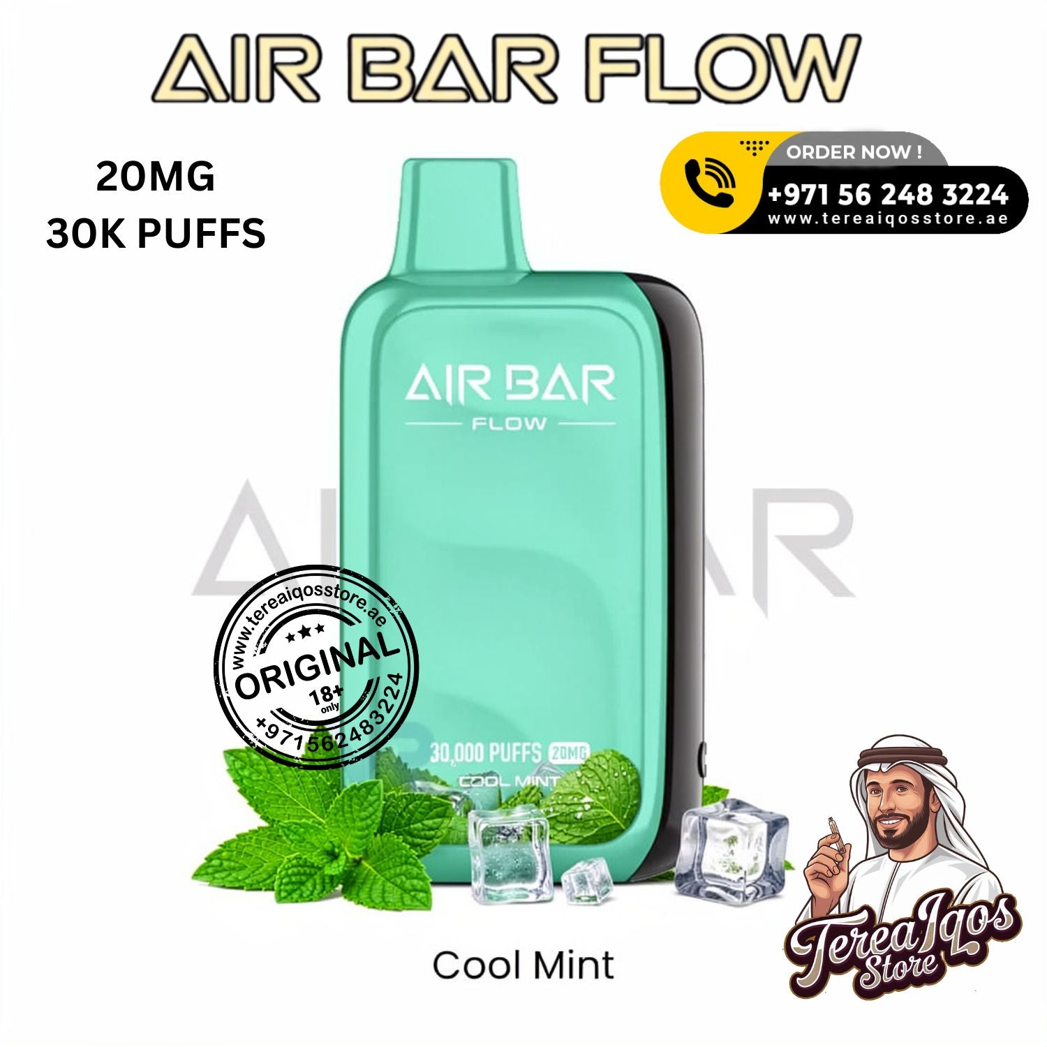 Green Air Bar Flow vape device with mint leaves and ice cubes on a white background, featuring branding and contact information.